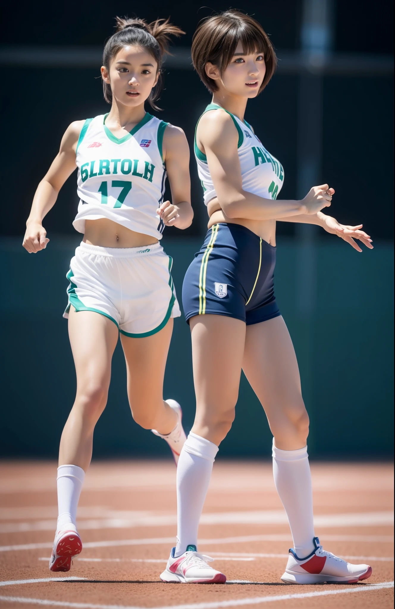 (((full body esbian)))、beautiful japanese girl、((short cut hairstyle))、perfect style、track and field uniforms、beautiful feet、cute、((tracking & field athlete female))、(((1 person)))、((stadium))、超絶cute、slight smile、beautiful breasts、full body esbian、athletics stadium、((outstanding style))、((healthy body))、 Photoreal、beautiful and fine eyes、hyper realism、high contrast、Ultra HD、realistic skin texture、best image quality、highest quality、Super high resolution、small details、very politely
