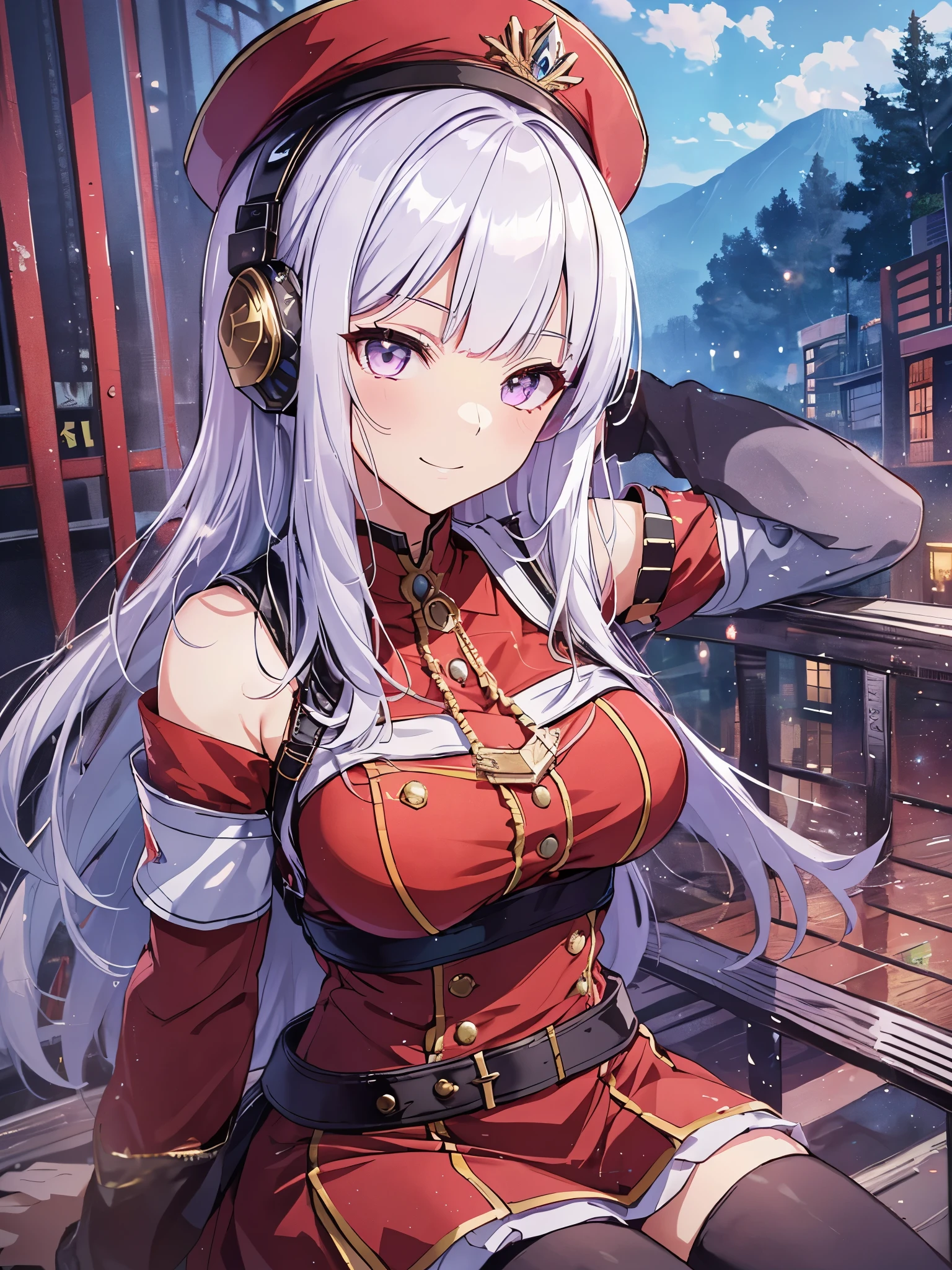 highest quality、whole body、Slender beauty、Gold Ship、1girl ,((bright purple eyes)))、straight hair、Make your bangs the same length、Patsun、bobbed hair、(((White hair color)))、red boater hat、(((red dress)))、((No sleeve))、beautiful big breasts、sit on top,highest quality,table top, Magic , Princess, adventurous girl, smile、zettai ryouiki,perfect hands,turn your arms behind your back、be quiet, From above,yoga poses、the most spectacular scenery in the world,A pose that emphasizes the chest,perfect hand、arm lock,headphones、ゲーミングheadphones