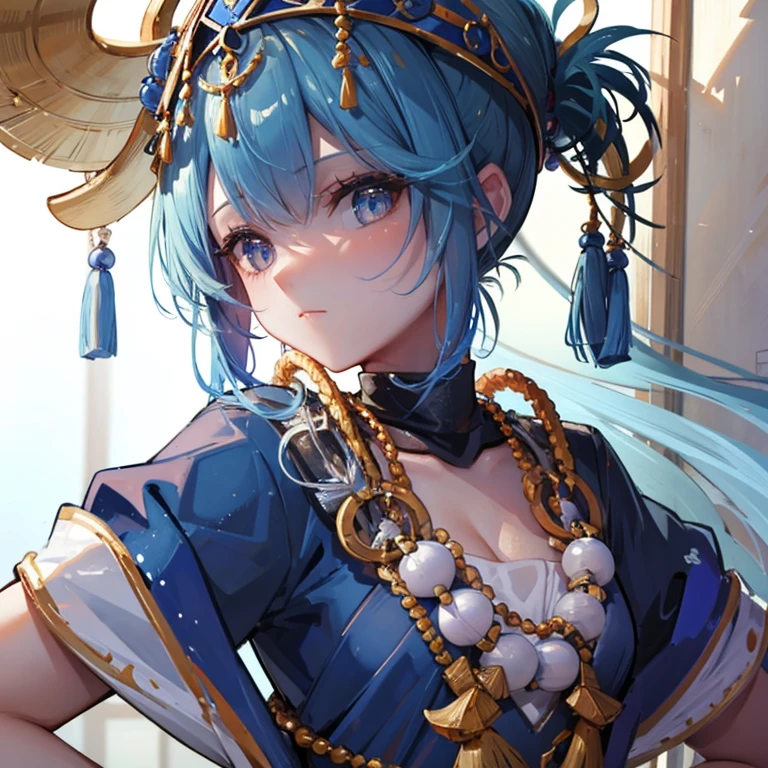 Blue double ponytail，Ancient costume，beads of sweat