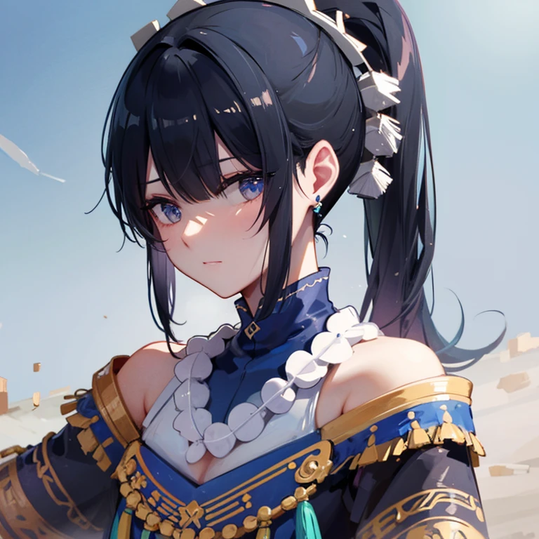 Blue double ponytail，Ancient costume，beads of sweat