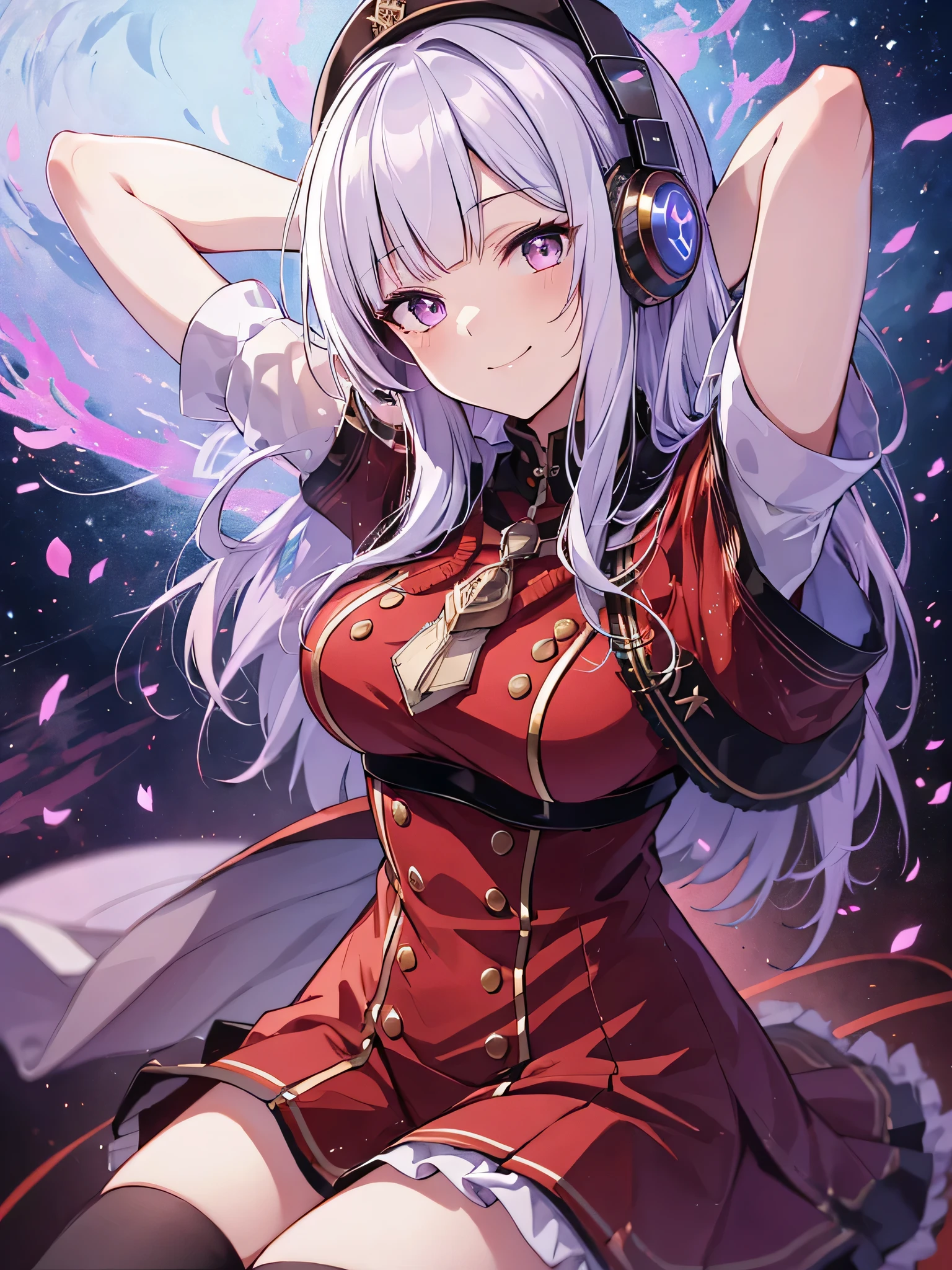 highest quality、whole body、Slender beauty、Gold Ship、1 girl ,((vibrant purple eyes)))、straight hair、keep bangs the same length、Patsun、bob hair、(((gray hair color)))、red boater hat、(((red dress)))、((sleeveless))、beautiful big breasts、sit on top,highest quality,table top, magic , Princess, adventurous girl, smile、zettai ryouiki,perfect handss,turn your arms behind your back、be quiet, From above,yoga poses、the most spectacular scenery in the world,Pose that emphasizes the chest,perfect hands、arm lock,headphones、ゲーミングheadphones