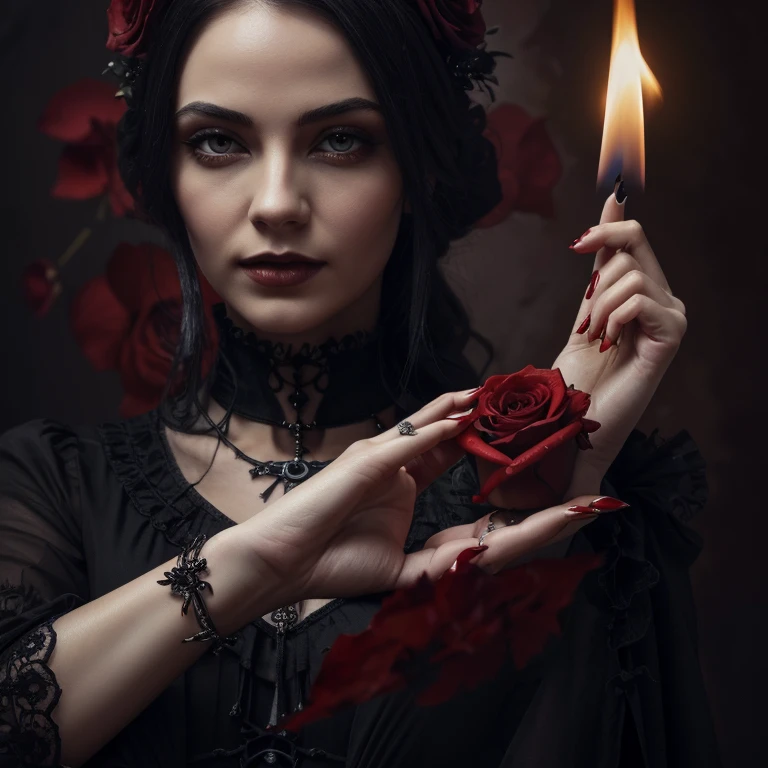 (best quality,highres,masterpiece:1.2),oil painting, vibrant dark, detailed blood, gothic style, woman's white hand, rose petals fading away, small flame, main focus on the hands