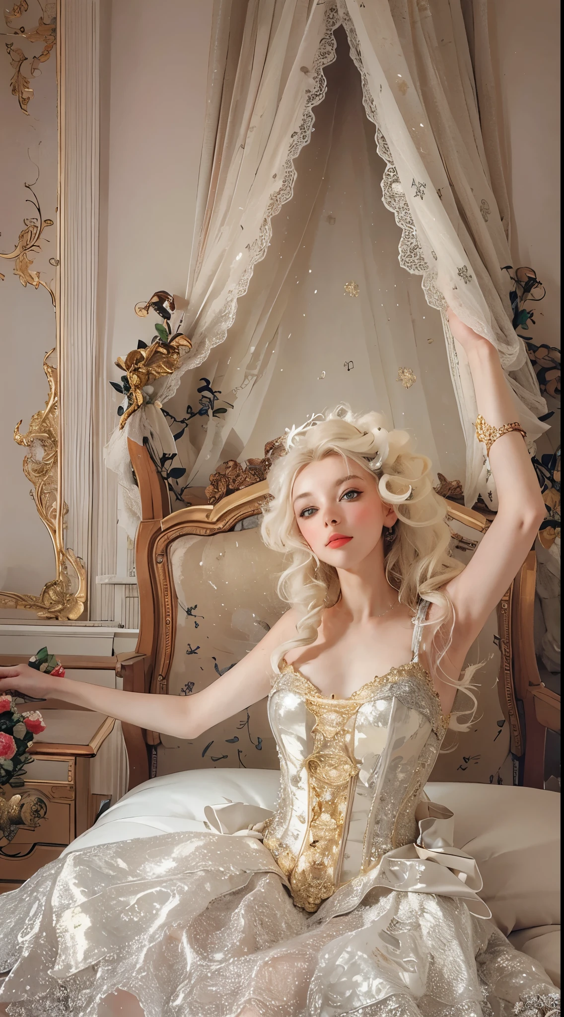 blond woman in a white dress sitting on a bed with her hands up, rococo queen, dress in the style of rococo, rococo fashion, marie antoinette, ivory rococo, elegant corset, golden corset, wearing corset, rococo style, rococo style portrait, 1 8 th century style, corsets, victorian inspired clothing, # rococo