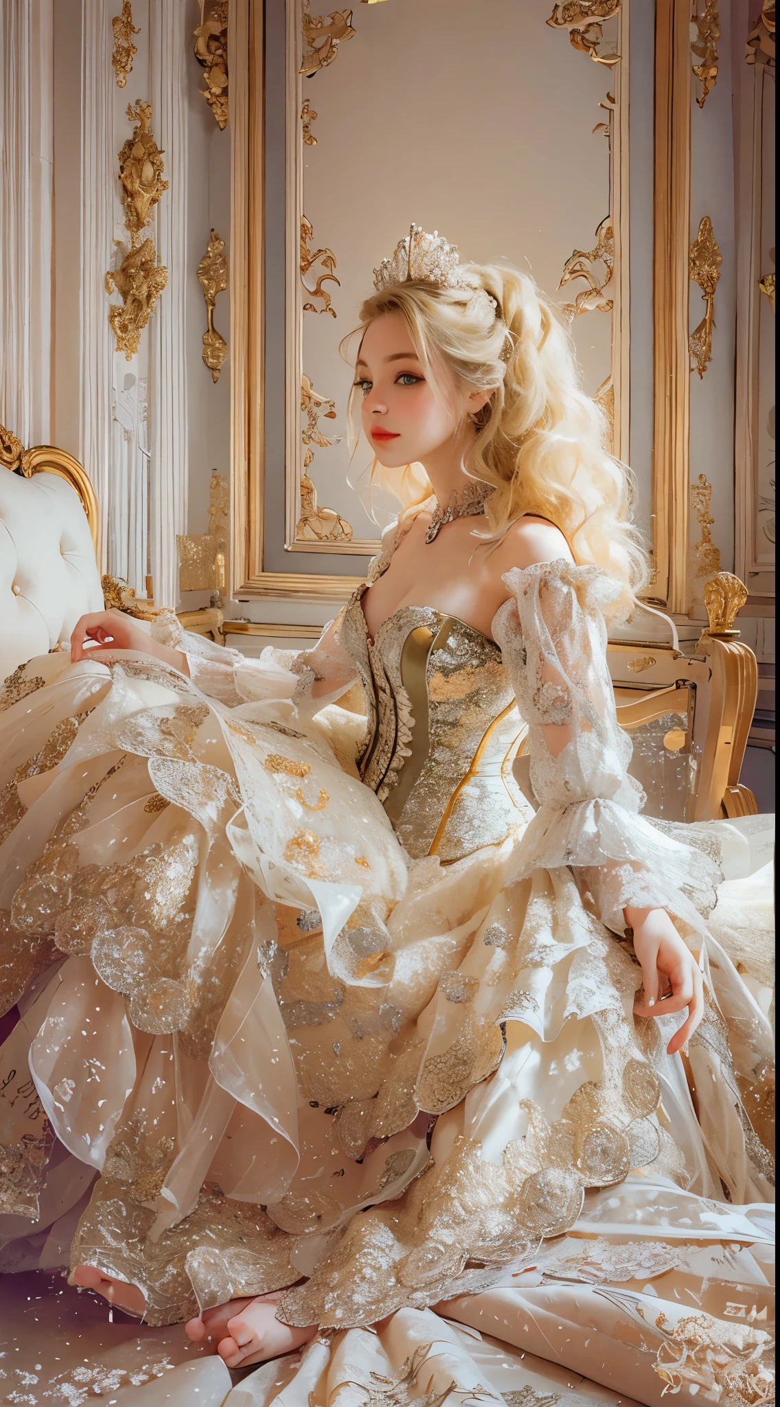 blond woman in a white dress sitting on a bed with her hands up, rococo queen, dress in the style of rococo, rococo fashion, marie antoinette, ivory rococo, elegant corset, golden corset, wearing corset, rococo style, rococo style portrait, 1 8 th century style, corsets, victorian inspired clothing, # rococo