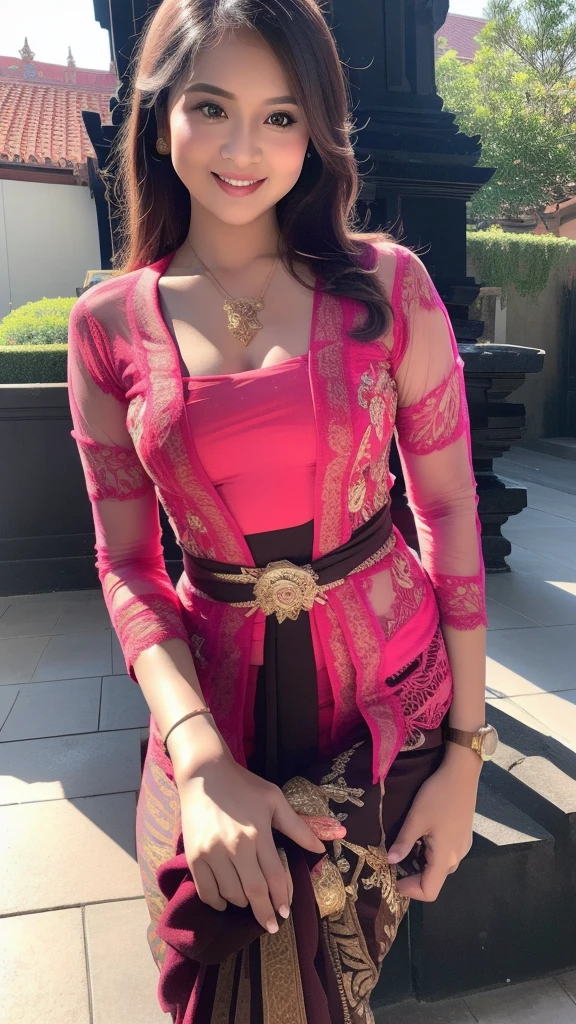 (Best quality, high resolution, Masterpiece: 1.3), a beautiful woman with a slender figure, (dark brown layered hairstyle), wearing a pendant, ((kebaya_bali)) outdoors, scenic beauty, lakes and mountains in distant background, details in face and skin texture beautifully rendered, details eyes, (best quality, high resolution, masterpiece: 1.3), a beautiful woman with a slim figure, (dark brown layered hairstyle),((kebaya_bali)), outdoors, background random, details in face and skin texture beautifully rendered, detail eyes, double eyelids, seductive laugh, feminine laugh, seductive pose