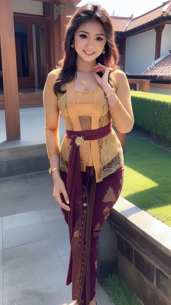 (Best quality, high resolution, Masterpiece: 1.3), a beautiful woman with a slender figure, (dark brown layered hairstyle), wearing a pendant, ((kebaya_bali)) outdoors, scenic beauty, lakes and mountains in distant background, details in face and skin texture beautifully rendered, details eyes, (best quality, high resolution, masterpiece: 1.3), a beautiful woman with a slim figure, (dark brown layered hairstyle),((kebaya_bali)), outdoors, background random, details in face and skin texture beautifully rendered, detail eyes, double eyelids, seductive laugh, feminine laugh, seductive pose