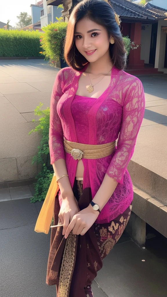 (Best quality, high resolution, Masterpiece: 1.3), a beautiful woman with a slender figure, (dark brown layered hairstyle), wearing a pendant, ((kebaya_bali)) outdoors, scenic beauty, lakes and mountains in distant background, details in face and skin texture beautifully rendered, details eyes, (best quality, high resolution, masterpiece: 1.3), a beautiful woman with a slim figure, (dark brown layered hairstyle),((kebaya_bali)), outdoors, background random, details in face and skin texture beautifully rendered, detail eyes, double eyelids,  laugh, feminine laugh,  pose