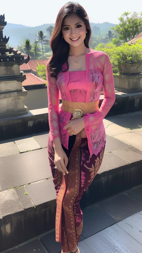 (Best quality, high resolution, Masterpiece: 1.3), a beautiful woman with a slender figure, (dark brown layered hairstyle), wearing a pendant, ((kebaya_bali)) outdoors, scenic beauty, lakes and mountains in distant background, details in face and skin texture beautifully rendered, details eyes, (best quality, high resolution, masterpiece: 1.3), a beautiful woman with a slim figure, (dark brown layered hairstyle),((kebaya_bali)), outdoors, background random, details in face and skin texture beautifully rendered, detail eyes, double eyelids, seductive laugh, feminine laugh, seductive pose