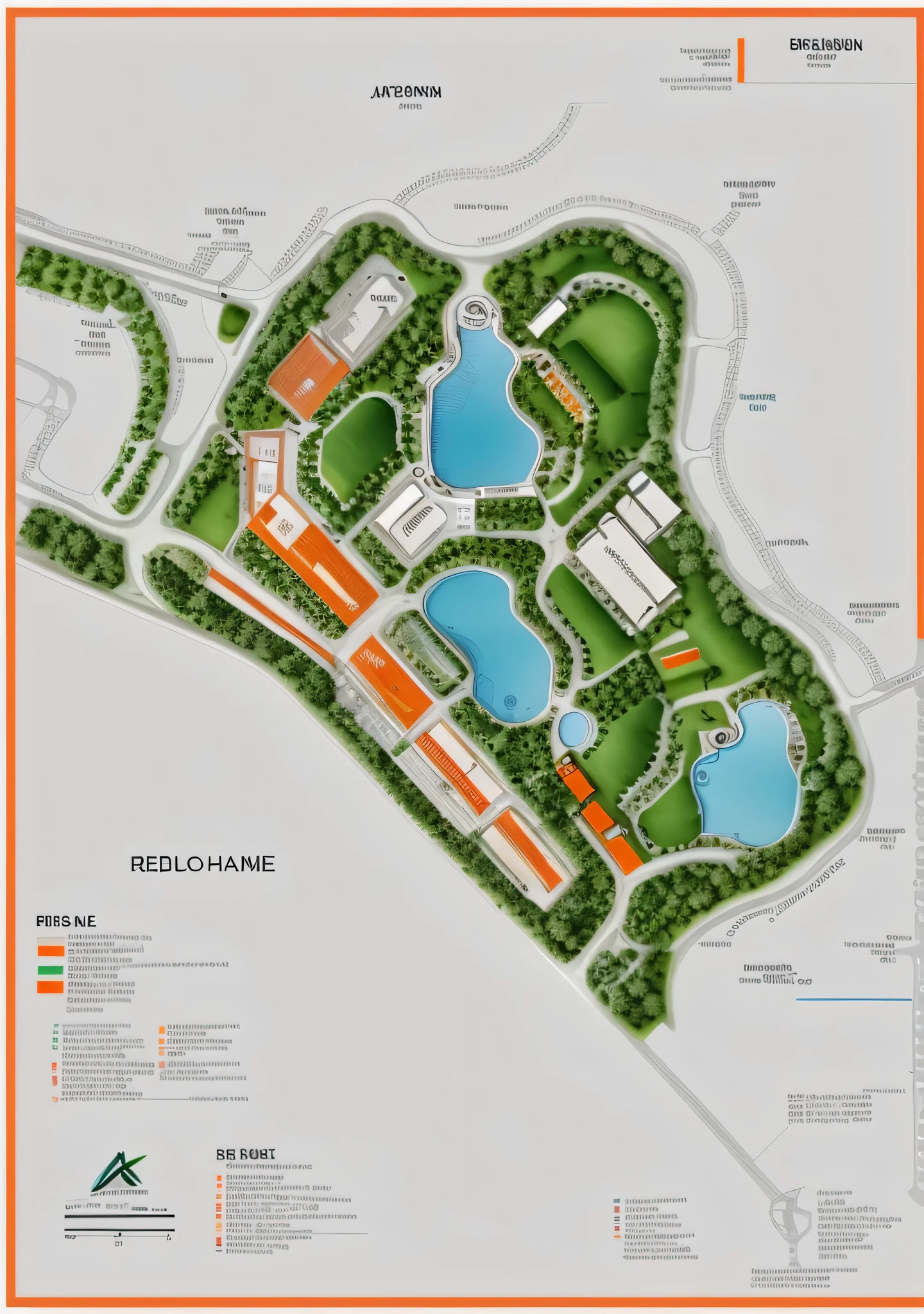 A map of a potential development site with red and orange buildings, a blue pond, and a large road running through it,tree,road