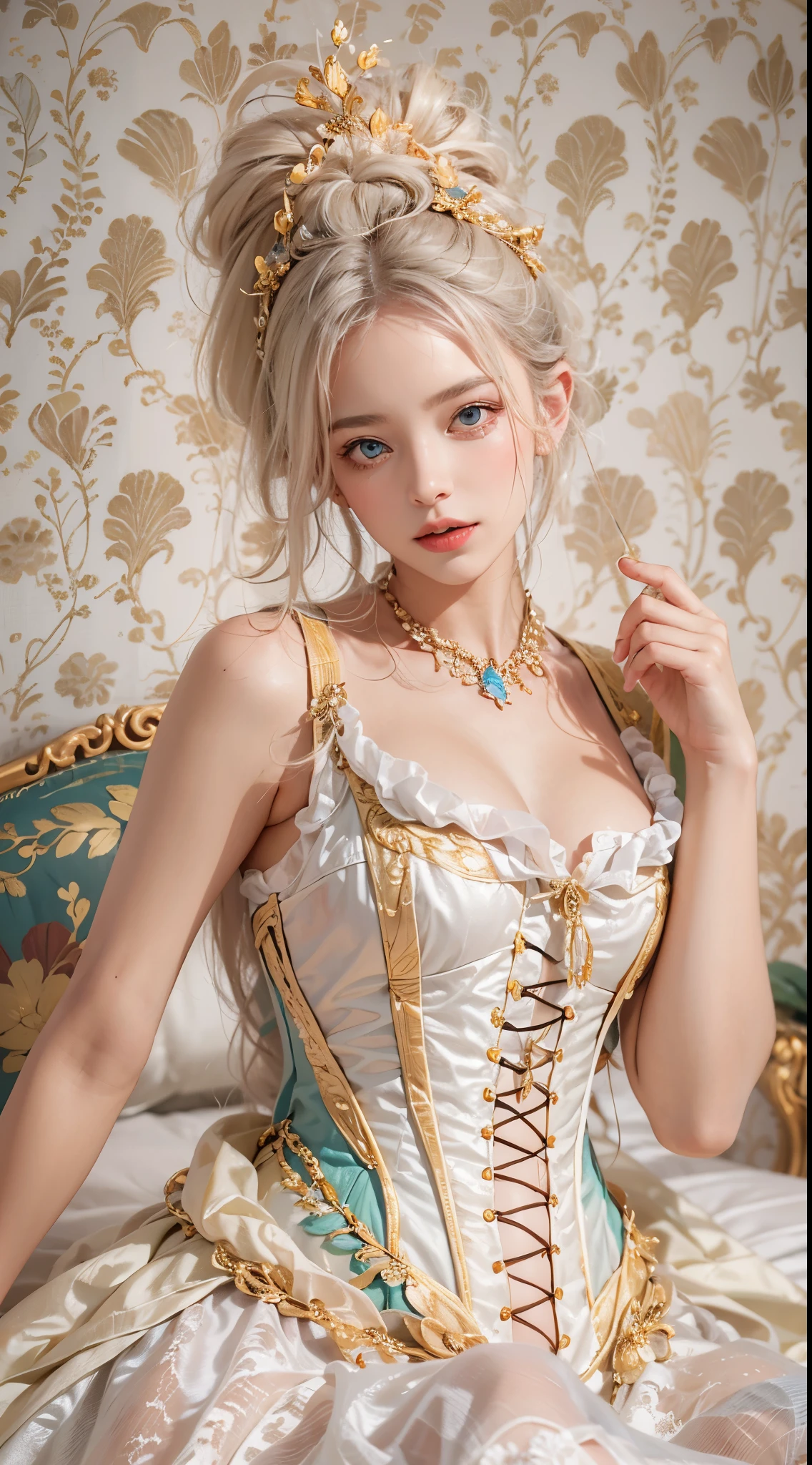 ((Highest quality)), ((masterpiece)), (detailed:1.4), 3d, Image of a woman in a beautiful dress,Hmph(High Dynamic Range),Ray Tracing,NVIDIA,Super Resolution,Unreal 5,Scattered under the surface,PBR Texturing,Post-processing,Anisotropic Filtering,Depth of written border,Maximum clarity and sharpness,Multilayer Texture,Albedo and Specular Maps,Surface Shading,Accurate simulation of light-matter interactions,Perfect proportions,Octane Rendering,Two-tone lighting,wide aperture,Low ISO、White balance、Three-part method、8,000 students、((Black Corset))(((White and blue dress)))((blonde))