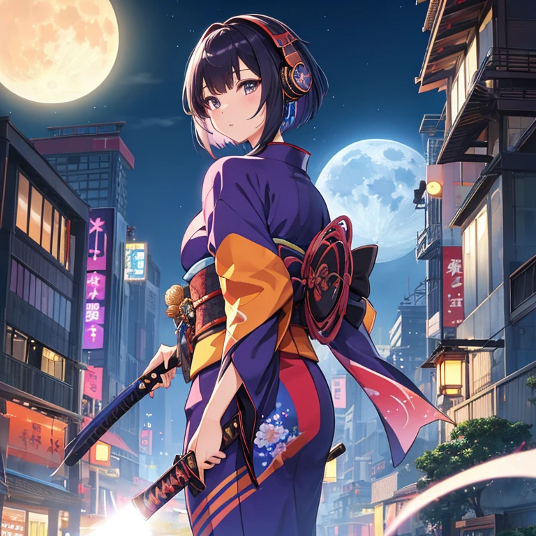 huge moon and skyscrapers、colorful kimono、one samurai girl、headphones、short hair(arms、Katana、have a weapon)、like the photo、sparkling、computer、thunder、cinematic light、8K、very detailed and beautiful、