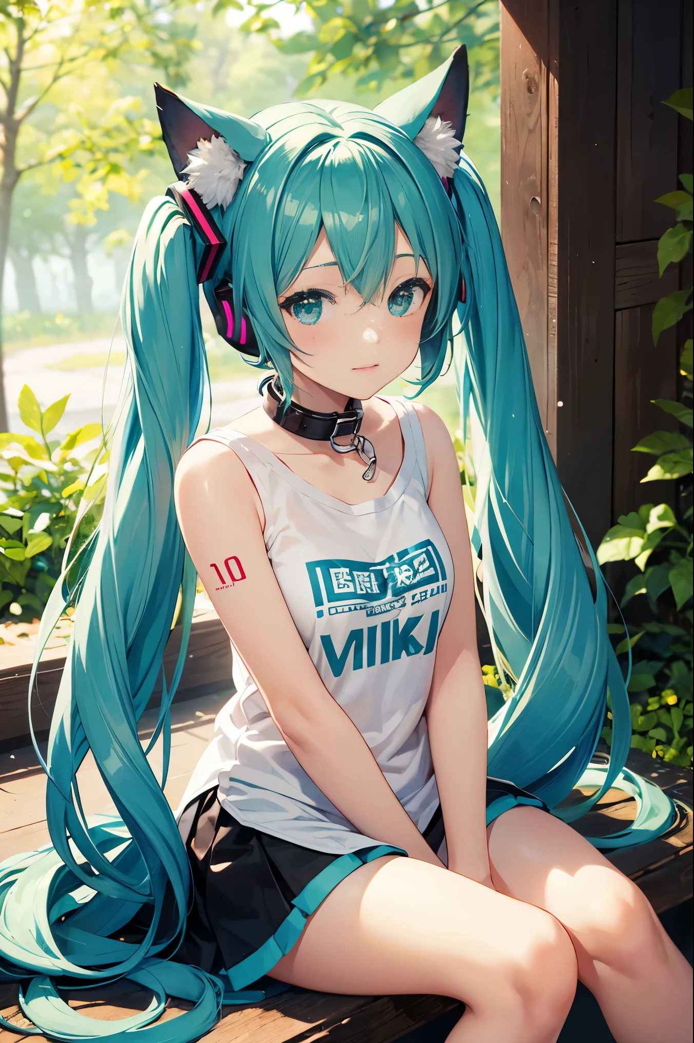 Hatsune Miku, fox ears, fox tail, forest, green hair, green eyes, vocaloid, girl in need, collar, white shirt, t-shirt, blue short, sleeveless, looking at viewer, sitting,