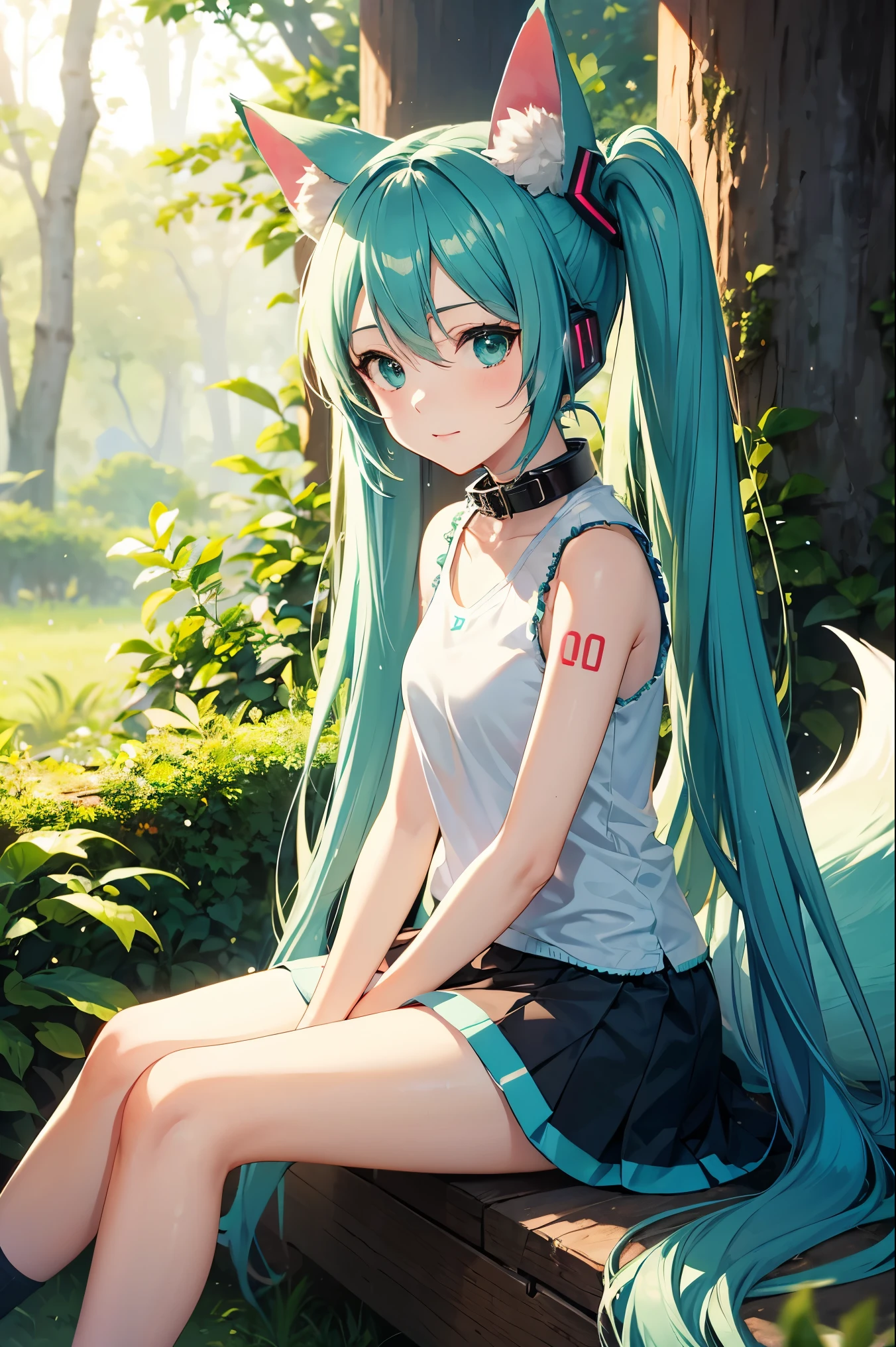 Hatsune Miku, fox ears, fox tail, forest, green hair, green eyes, vocaloid, girl in need, collar, white shirt, t-shirt, blue short, sleeveless, looking at viewer, sitting,
