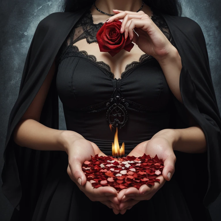 (best quality,highres,masterpiece:1.2),oil painting, vibrant dark, detailed blood, gothic style, woman's white hand, rose petals fading away, small flame, main focus on the hands