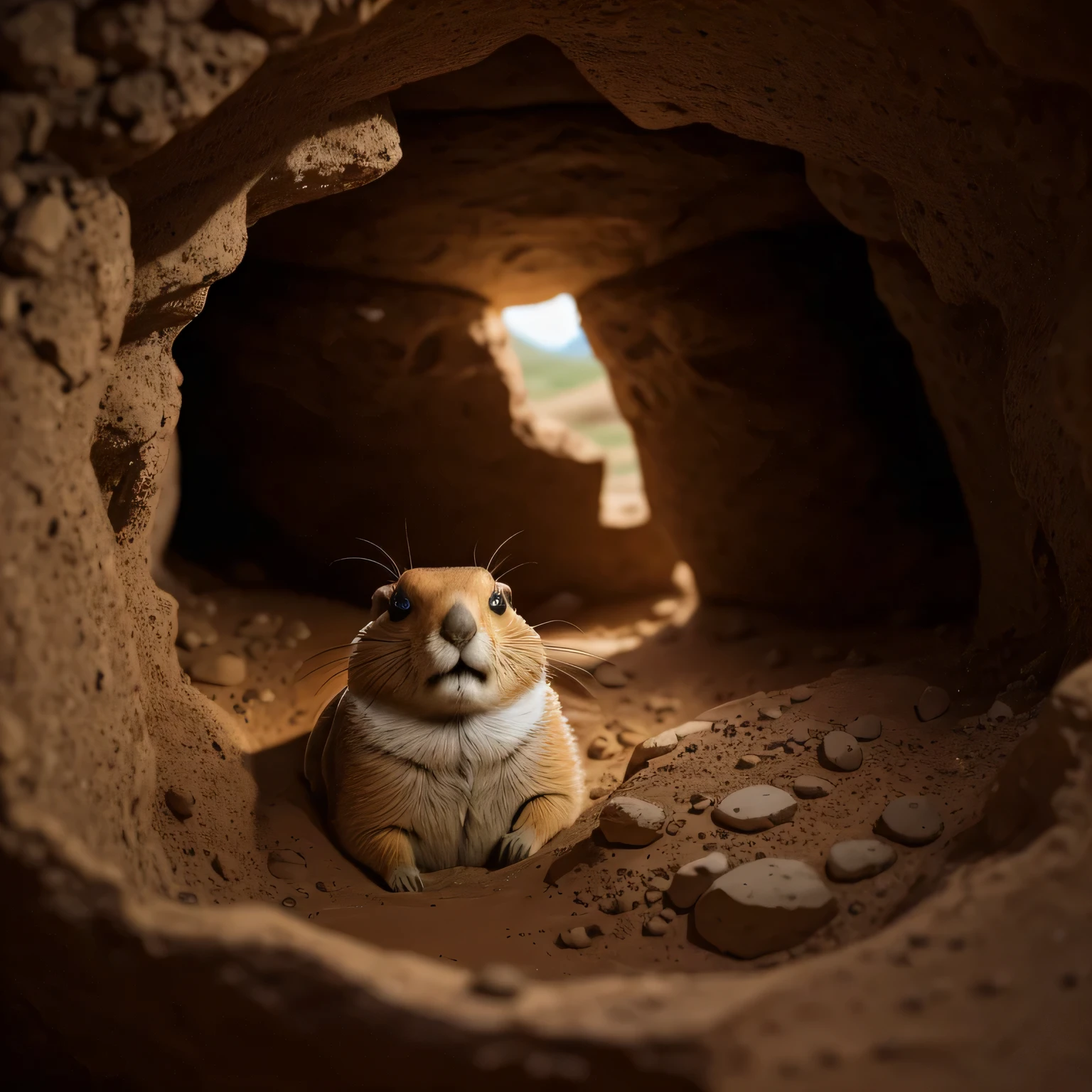 Highly detailed underground prairie dog nest, Painted in realistic earth colors, Finely crafted using sculpted clay, Moody lighting casts long shadows, Create atmospheric scenes reminiscent of hidden gems。. The uneven surface has intricate patterns, Mimic the complex burrow systems these animals build. This surreal piece exudes a cinematic quality, Focus on depth and detail, Invites viewers to explore the hidden world of the prairie dog community. Highlights that bring out the unique texture of clay, Add a new dimension to this masterpiece, The overall image shows the highest quality artistry. 8K resolution further improved