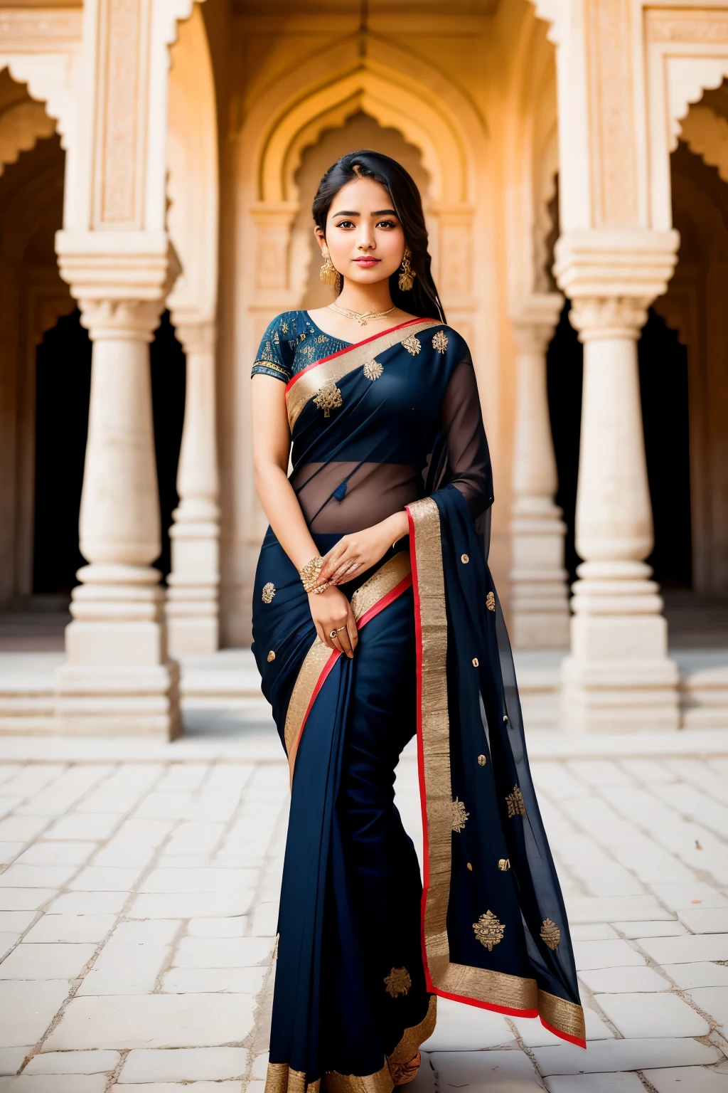 A Nepali girl, 18 years old, stands near a majestic palace, the Nepali flag flutters in the breeze behind her. With an ultra-detailed face, her dark, beautiful eyes filled with warmth and long, luscious eyelashes, she greets the viewer with a captivating smile. Dressed in a black sari that clings to her long, slender legs, she exudes elegance and grace. Her high heels add an extra allure to her stature, making for an enchanting portrait. This image is sure to be of high quality and rich in details, captured using a Canon EOS R5 with a 50mm Lens, F