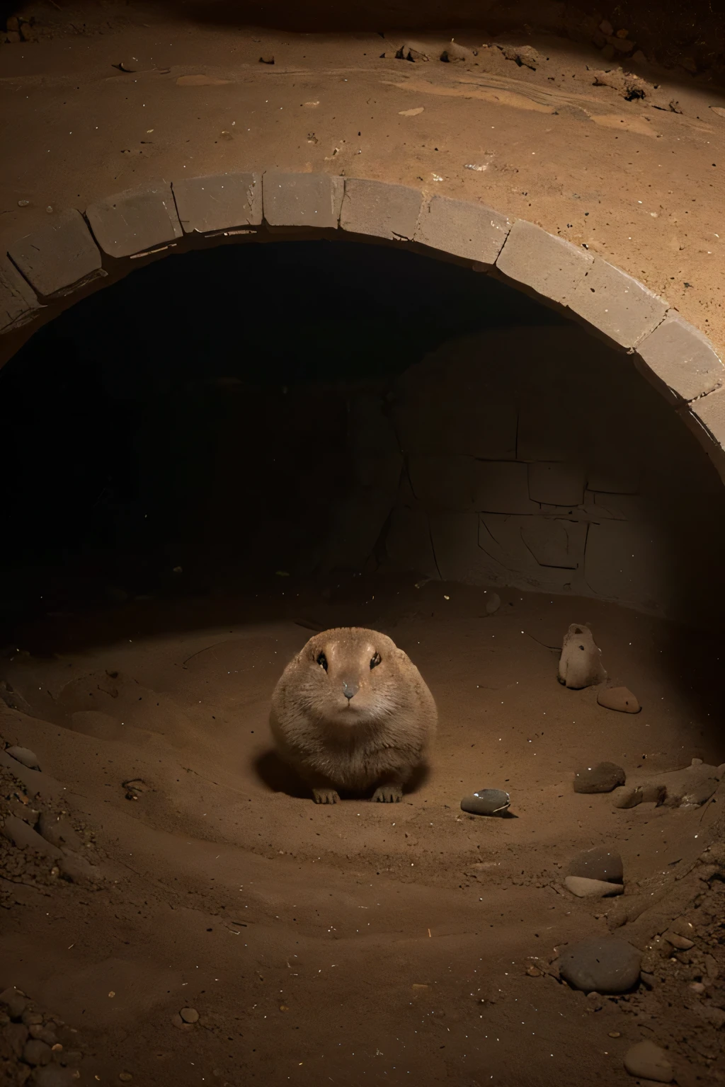 prairie dog underground nest, hidden deep beneath the surface, With a cozy and warm room、intricate burrow system, little furry residents running around, brown bushy tail, Warning performance, Black eyes on beads, Safety and warmth in the underground labyrinth, High resolution, Realistically rendered textures and shadows, Captured in majestic and captivating photographs.
