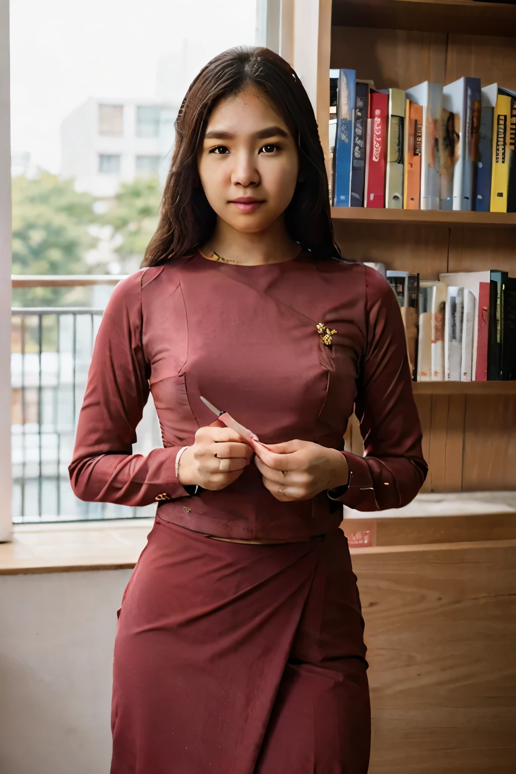 Half body portrait, 8k , plae skin asian ( korea+ Burmese)mixed girl , wearing red acmm's outfit, wearing top, red top, long sleeves, wearing acmm long skirt, red long skirt, printed skirt and holding a book in a bookshop