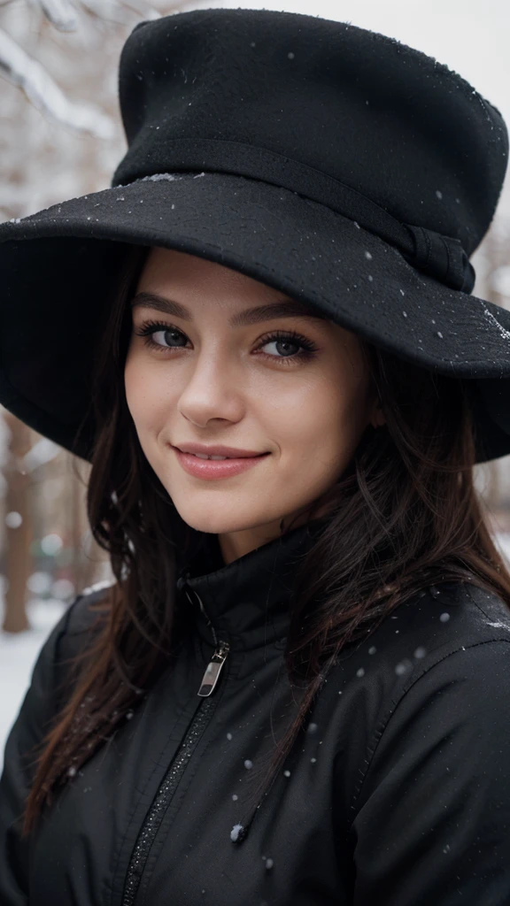 woman in a black jacket and a black hat, head shot profile picture, she has a cute expressive face, portrait photo, good looking face, snow in the background, chilled out smirk on face, beautiful and smiling, depth of field, cinematic lighting, masterpiece, breathtaking, photo-realistic