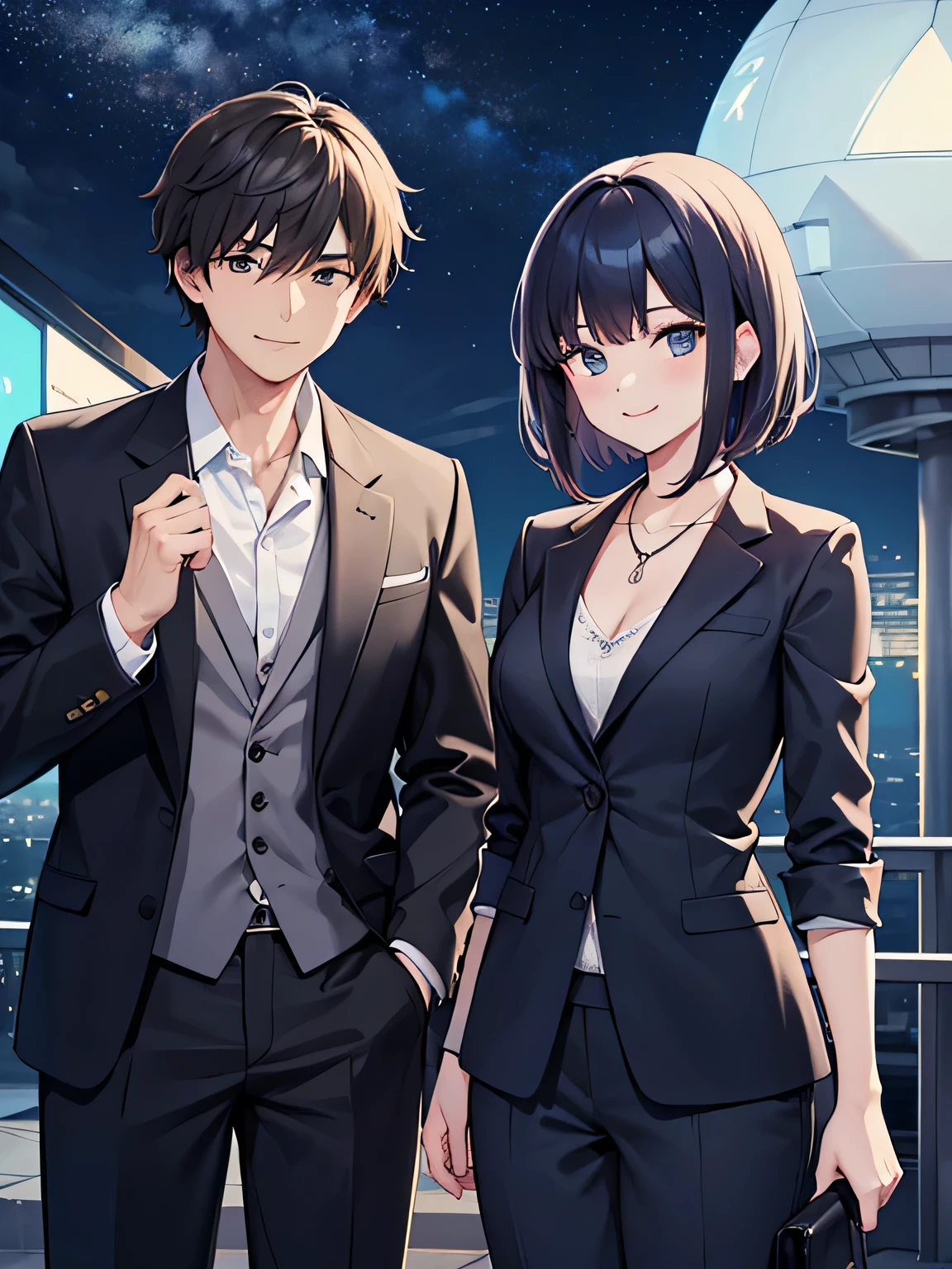 (1) there is a couple, men and women, And the two of them are looking at the night view together..
(2) Woman is wearing a suit, V-neck inner, And I have medium hair.
(3) Man is wearing a suit.
(4) both are laughing.
(5) The place is an observatory where you can see the night view.