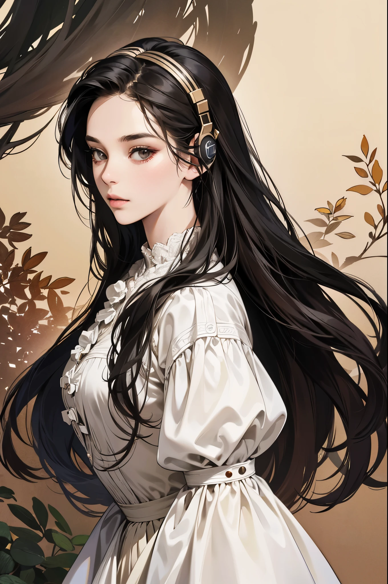 (absurdres, highres, ultra detailed, realistic, ), 1 18year-old,girl, solo, elegance, long black hair, ,short white dress,brown eyes, (headphone),forest background, ultra - detailed, best quality, Detailed diagram, vectorized, 8K, Graphic design, vector lines, Full-HD,full body