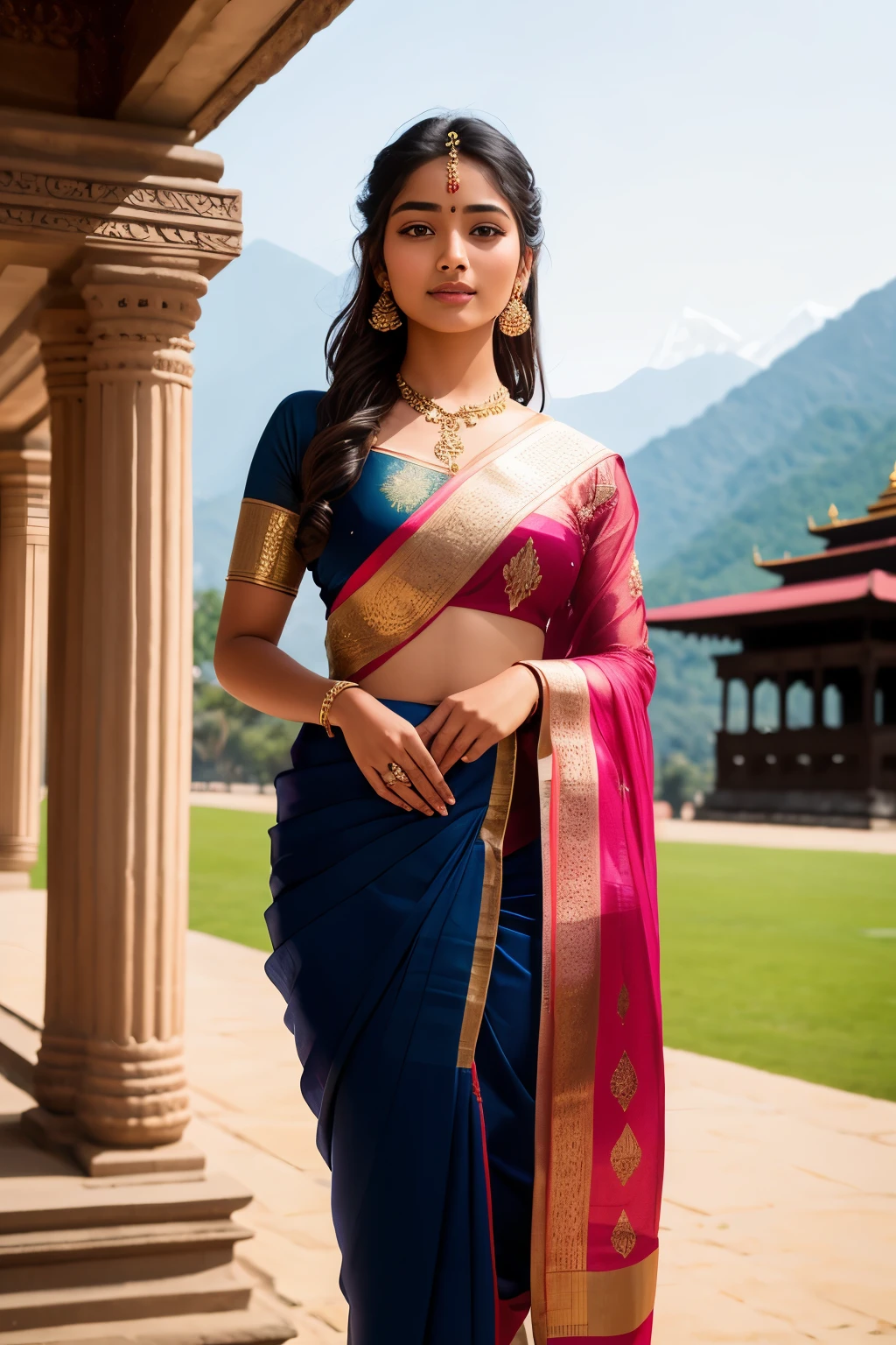 A Nepali girl, 18 years old, stands near a majestic palace, the Nepali flag flutters in the breeze behind her. With an ultra-detailed face, her dark, beautiful eyes filled with warmth and long, luscious eyelashes, she greets the viewer with a captivating smile. Dressed in a black sari that clings to her long, slender legs, she exudes elegance and grace. Her high heels add an extra allure to her stature, making for an enchanting portrait. This image is sure to be of high quality and rich in details, captured using a Canon EOS R5 with a 50mm Lens, F
