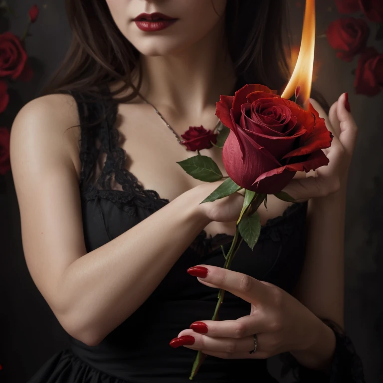 a woman with a black rose on fire, flawless skin, whimsical photography style, photo captured by an Arriflex 35BL camera using Canon K25 prime lenses, cinematic, dramatic lighting, ultra clear, breathtaking surreal masterpiece. sensual pose