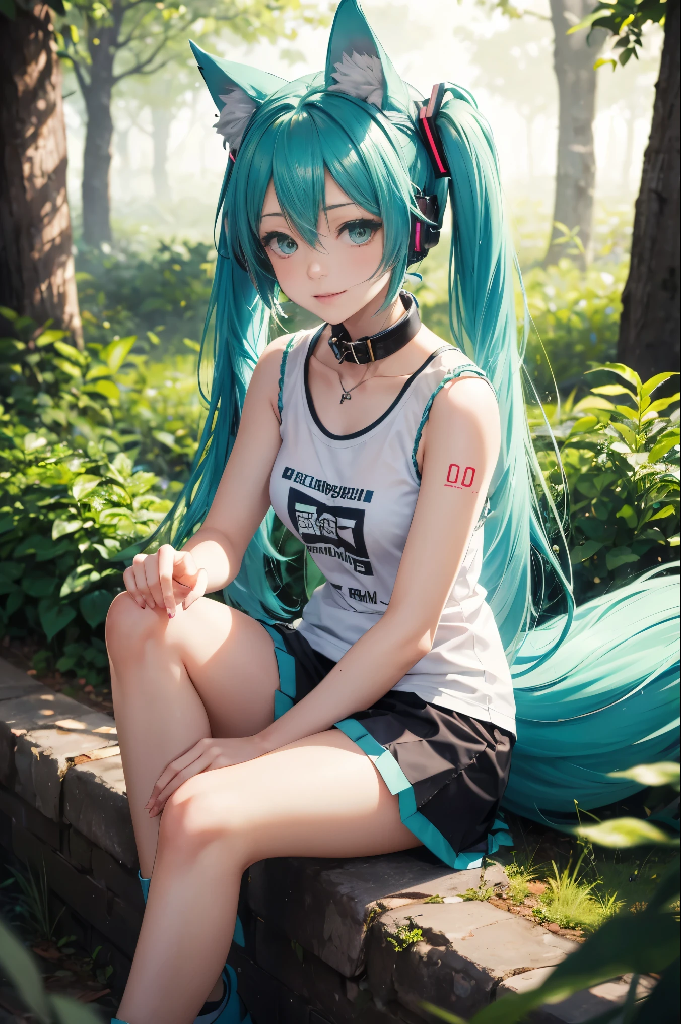 Hatsune Miku, fox ears, fox tail, forest, green hair, green eyes, vocaloid, girl in need, collar, white shirt, t-shirt, blue short, sleeveless, looking at viewer, sitting,