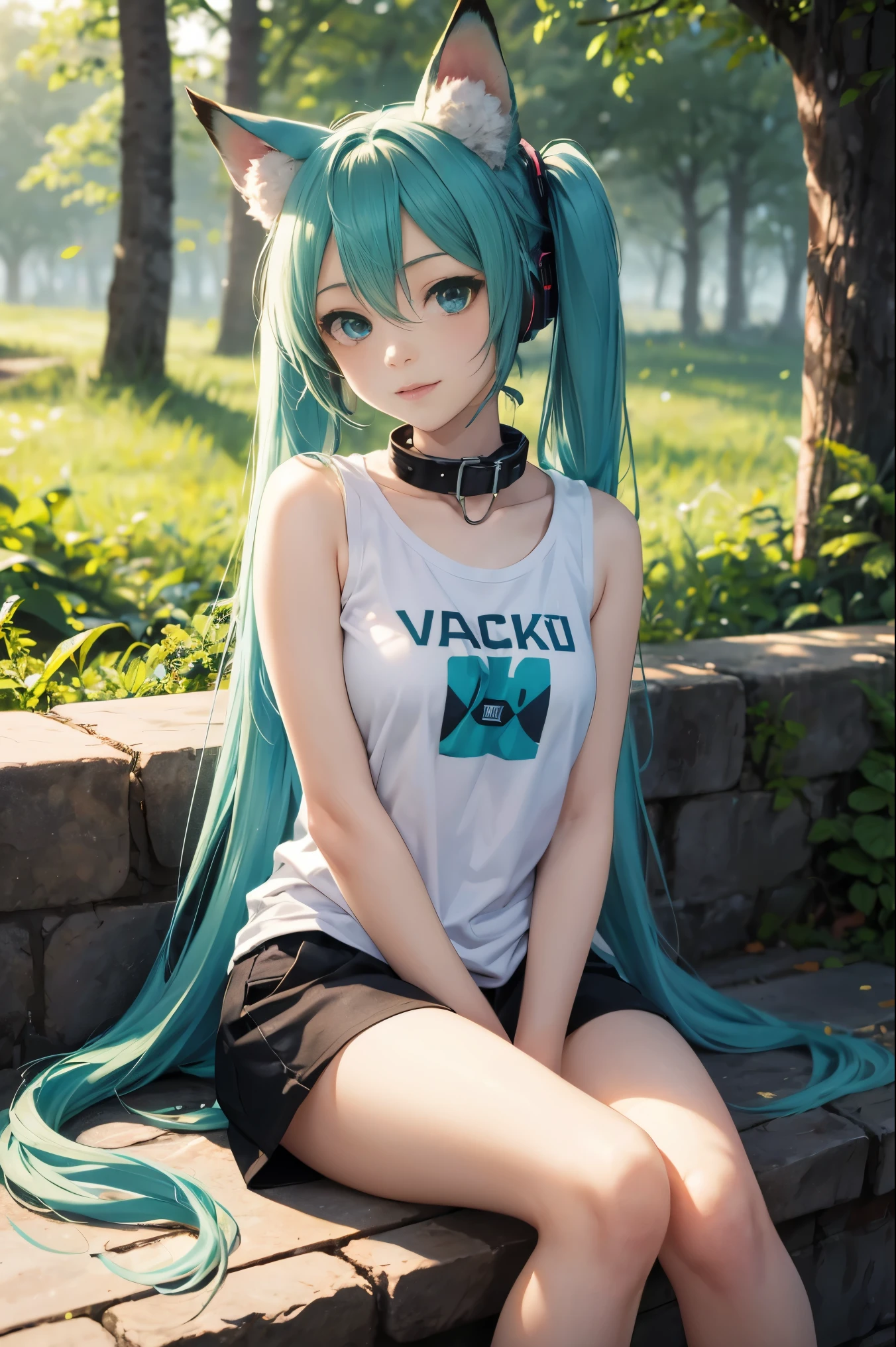 Hatsune Miku, fox ears, fox tail, forest, green hair, green eyes, vocaloid, girl in need, collar, white shirt, t-shirt, blue short, sleeveless, looking at viewer, sitting,