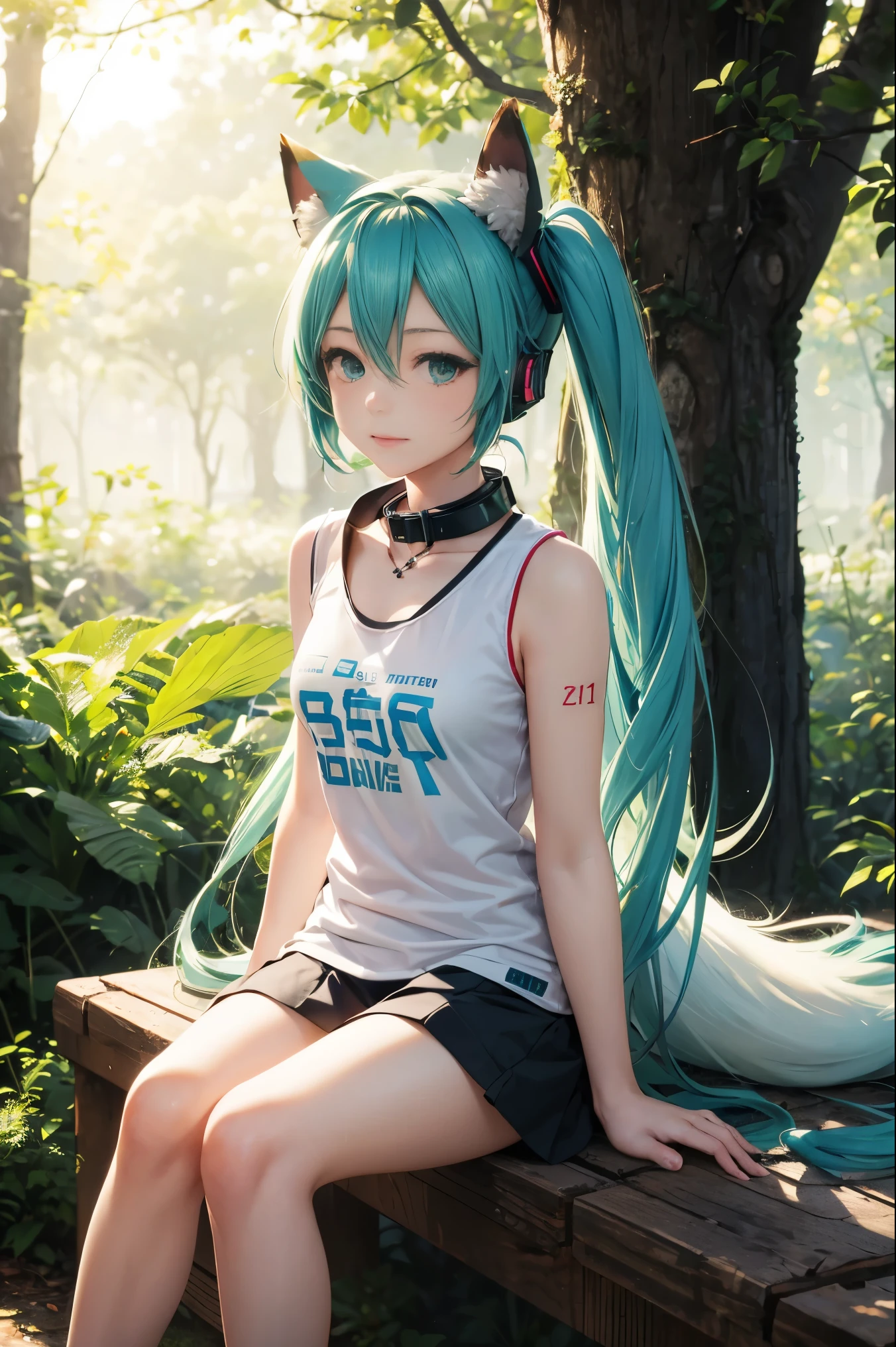 Hatsune Miku, fox ears, fox tail, forest, green hair, green eyes, vocaloid, girl in need, collar, white shirt, t-shirt, blue short, sleeveless, looking at viewer, sitting,