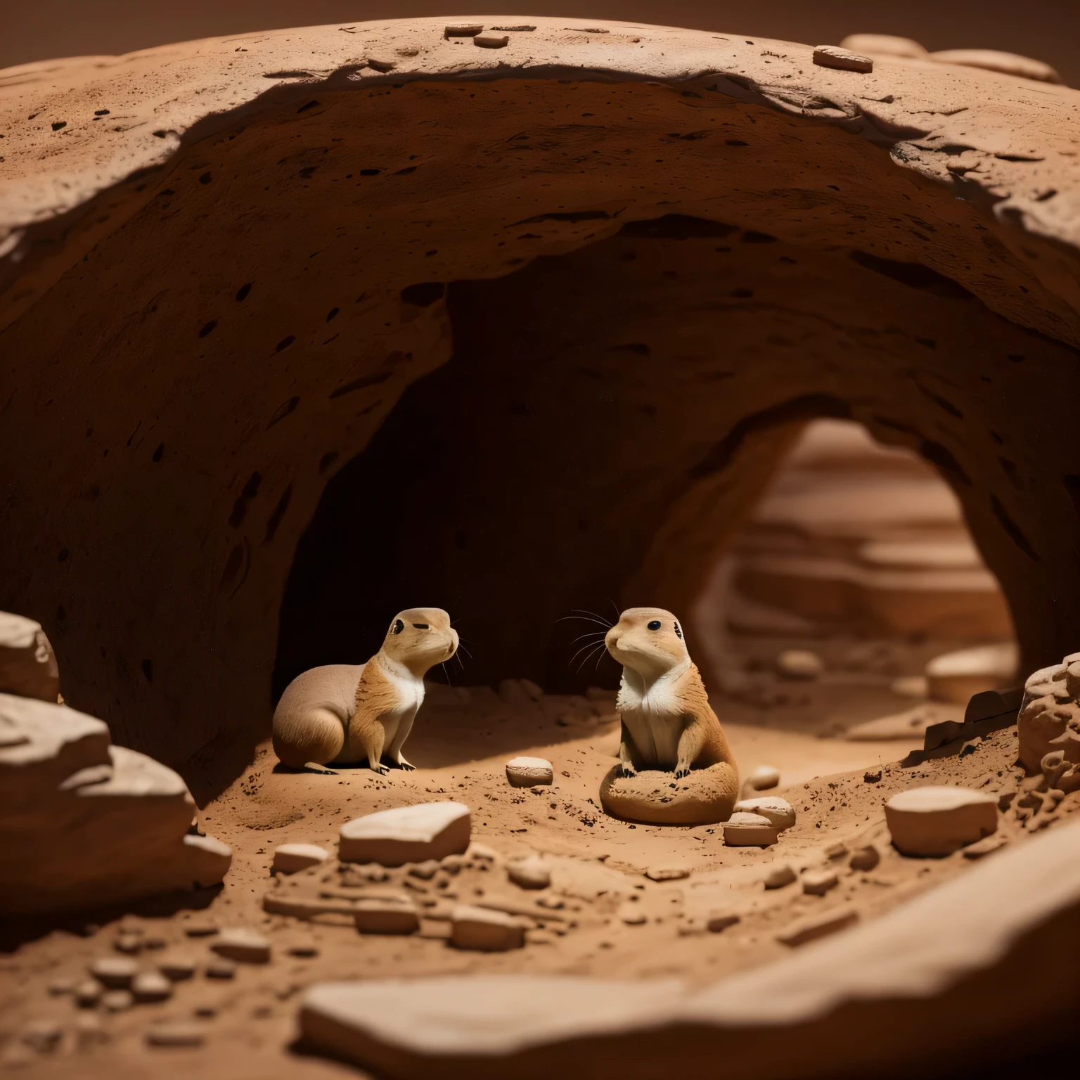 Highly detailed underground prairie dog nest, Painted in realistic earth colors, Finely crafted using sculpted clay, Moody lighting casts long shadows, Create atmospheric scenes reminiscent of hidden gems。. The uneven surface has intricate patterns, Mimic the complex burrow systems these animals build. This surreal piece exudes a cinematic quality, Focus on depth and detail, Invites viewers to explore the hidden world of the prairie dog community. Highlights that bring out the unique texture of clay, Add a new dimension to this masterpiece, The overall image shows the highest quality artistry. 8K resolution further improved