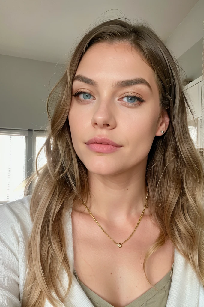 Kira Hope with long platin blond hair and blue eyes, thick eyebrows, big width lips, in the style of precisionist, wavy, textural layering, light amber and pink, olive cotton, flattering lighting, effortlessly chic, in bedroom
