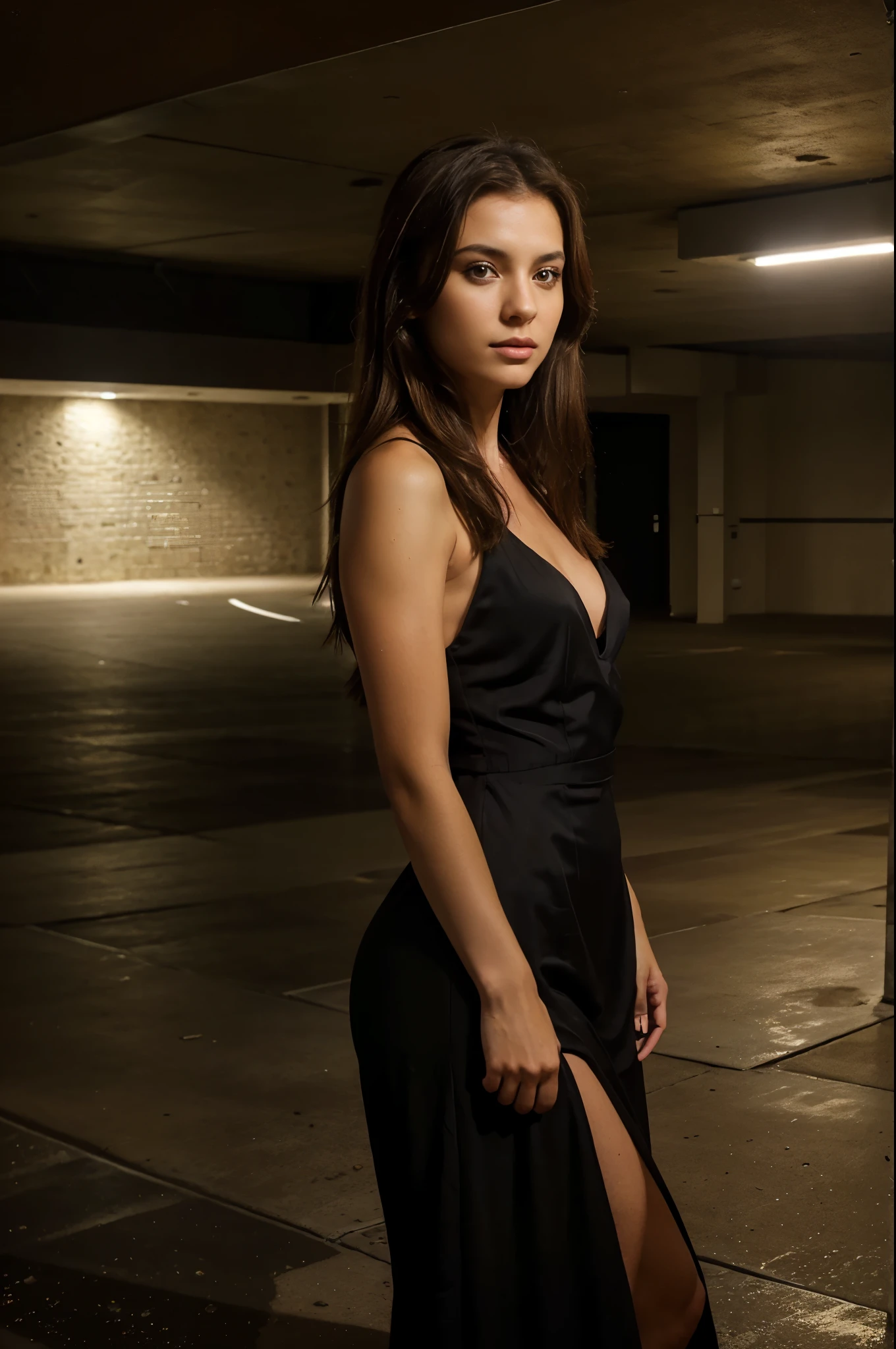 (romanian girl) (skinny) (realistic) (dirty brown hair) (photo realism) (beautiful) (instagram picture) (nighttime) (fort lauderdale) (luxury apartment building in parking garage 2nd floor) (80 mm) (black elegant dress) (no cars)