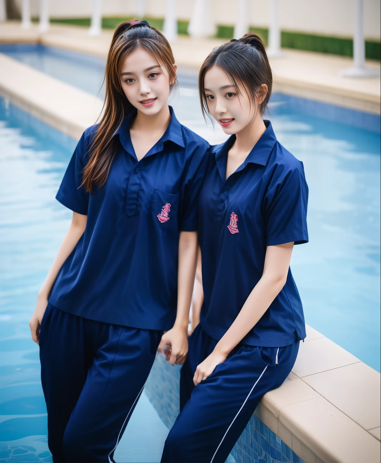 2 girls in the swimming pool, Navy blue short-sleeved shirt,Navy Long Trackpant,Sweatpants, Sweatpantsขายาว,25 year old girl, lesbian, sexy, exercise clothes, wet body