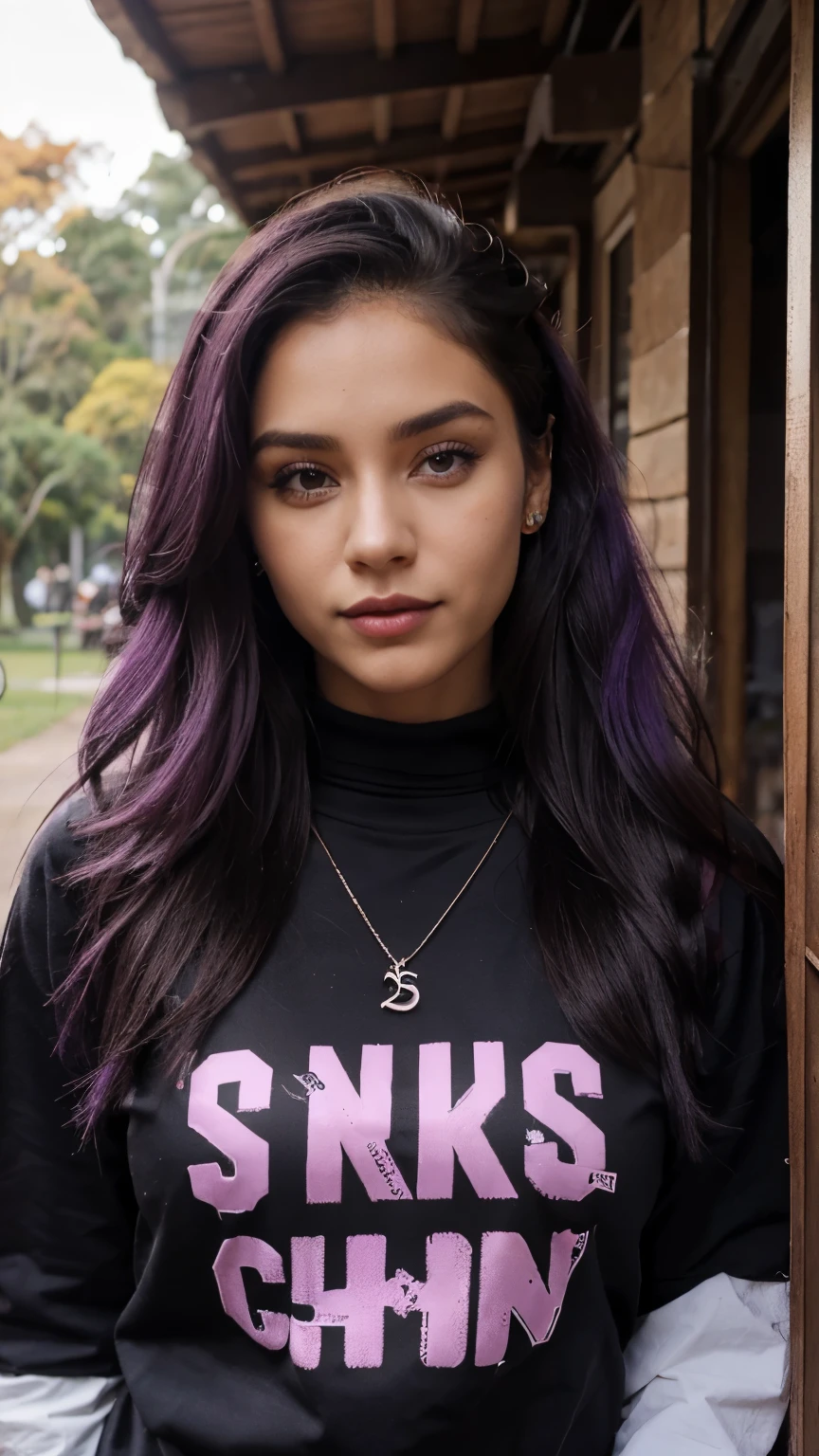 Mulher bonita, mulher jovem, 25 anos, Cabelo absurdamente longos, cabelo pintado todo de roxo, com um casaco preto, roupa de inverno pesado preto, fundo de uma parque, apaixonada, realista.