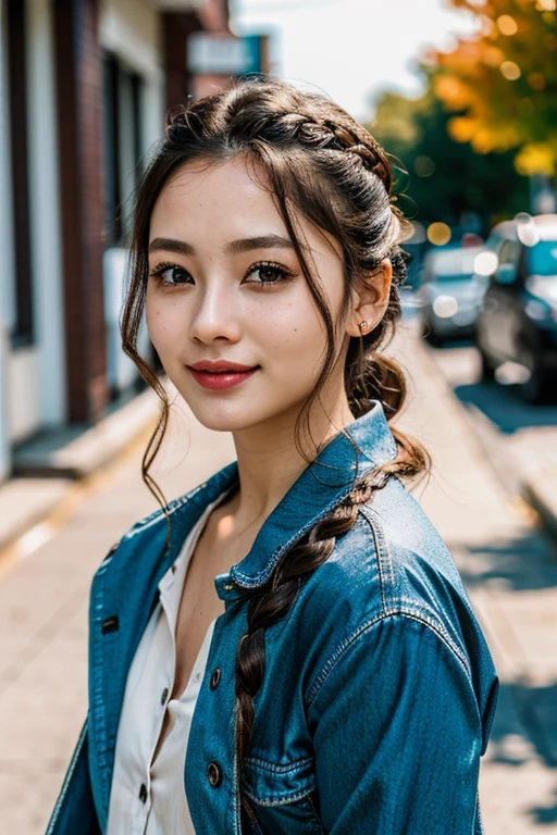 8K, (super detailed eye:1.1), From before, top view, super detailed, Very detailed CG, (masterpiece:1.1), (highest quality:1.4), Very detailed CG, (Post-processing:1.4), (Extreme, fine and beautiful:1.3), (soft illumination:1.0), (soft color:1.0), (soft volumetric lighting:1.1), (soft shadows), 1女of子, blurry, blurry_background, blurry_Qianfang, Braid, Brown_hair, closed_eye, with collar_shirt, depth_of_field, hair_that's all_shoulder, hair_Scrunchie, Jacket, length_hair, Scrunchie, Sengawa_chihiro, shirt, short_dispel, single_Braid, smile