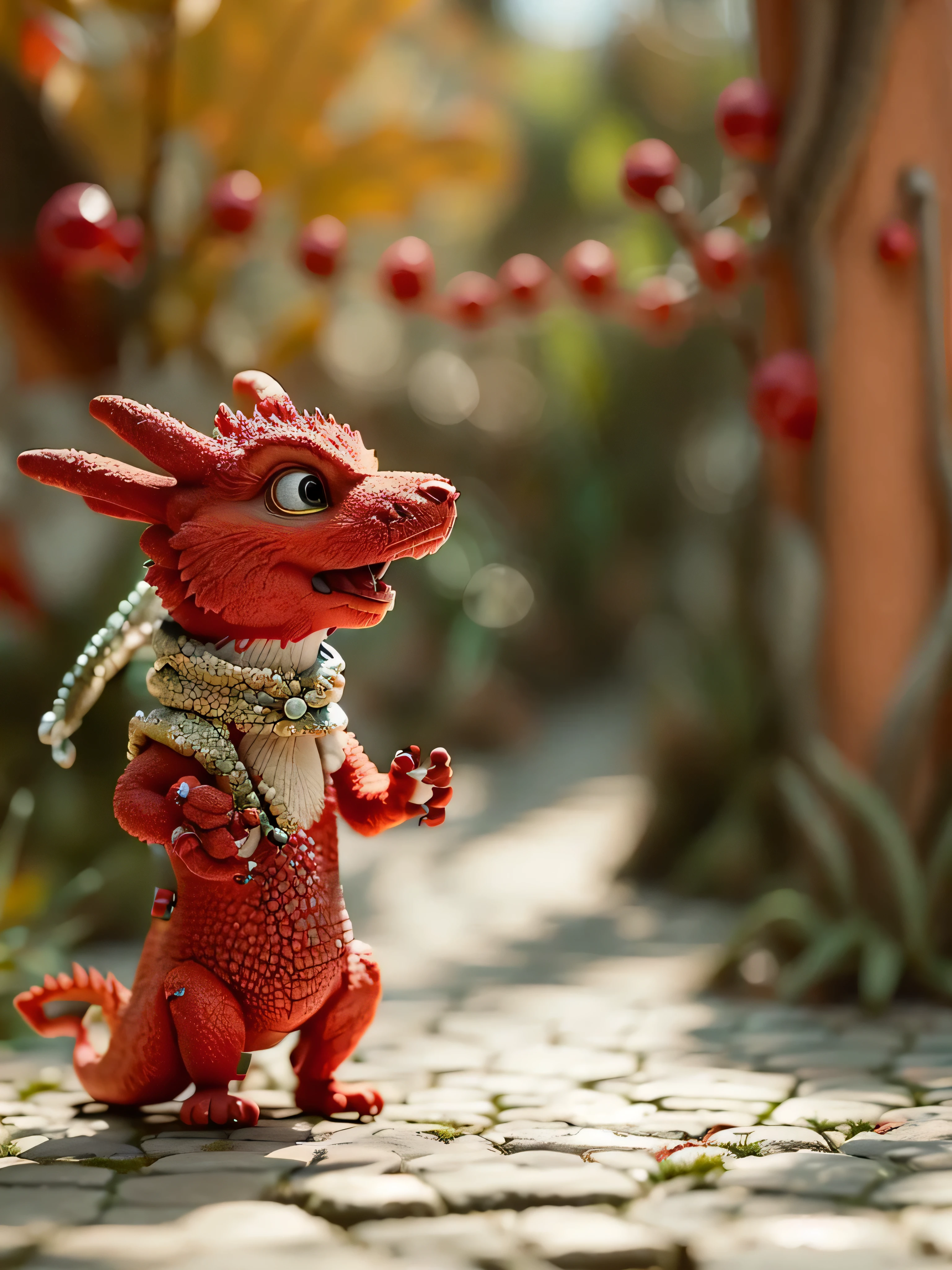 there is a small red dragon toy standing on a cobblestone path, stop motion character, as a claymation character, in claymation, claymation character, a red dragon, claymation style, clay animation, cute little dragon, global illumination. vfx, red dragon, still from a fantasy movie, as an anthropomorphic dragon