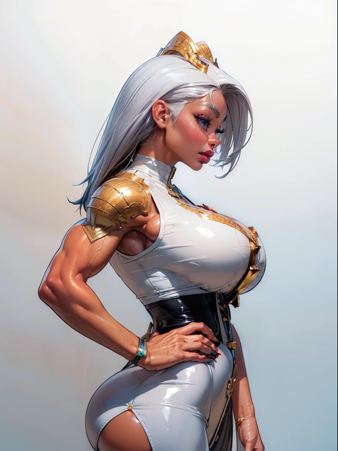 ((Side view:1.8)), ((masterpiece)),(((best quality))), ((futuristic empress)), mature face, ((beautiful eyes:1.4)), ((gold futuristic gown)), (((intricate futuristic breastplate))), defined cheekbones, ((jade cargill)), high cheekbones, intricate lingerie, fire aesthetic, beautiful model of the future, illustration, muscular, ((future gold:1.4)), sexy bimbo, (gigantic breasts:1.7) silver hair, ((detailed face:1.4)) beautiful Africa woman, (black woman:1.4) (white skin:1.4) , (red lipstick:1.4), shiny skin, ((skindentation)), scribbles and marks,(puffy lips:1.4) ,  (slim waist: 1.5), (large biceps: 1.5), rough sketches, pose, 8k,16k, ( background, white background: 1.3) ((warm color palette)), ((future model aesthetic))