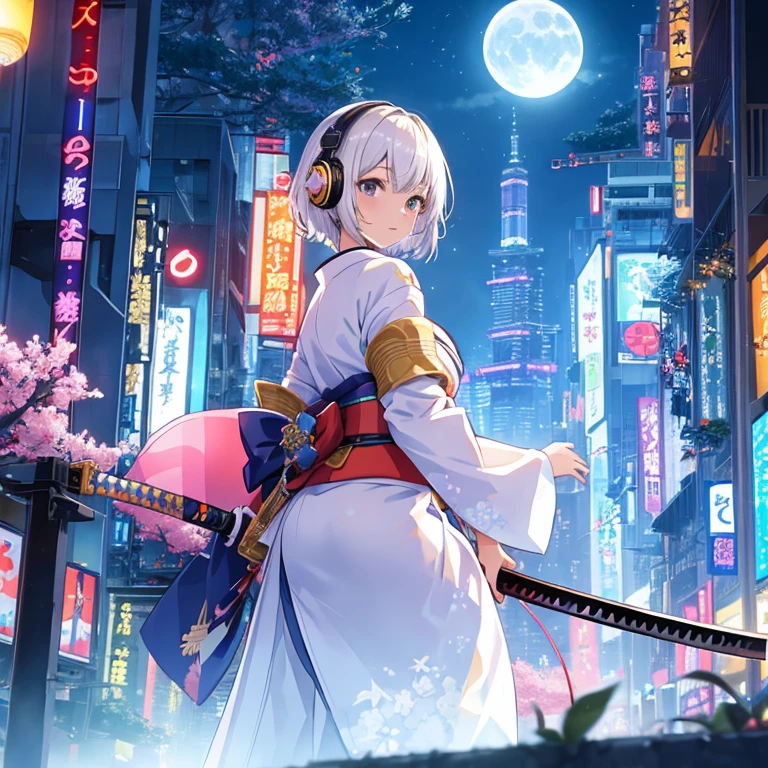 one giant moon and skyscrapers、light colored kimono、one samurai girl、headphones、short hair(arms、Katana、have a weapon)、like the photo、sparkling、computer、thunder、cinematic light、8K、very detailed and beautiful、