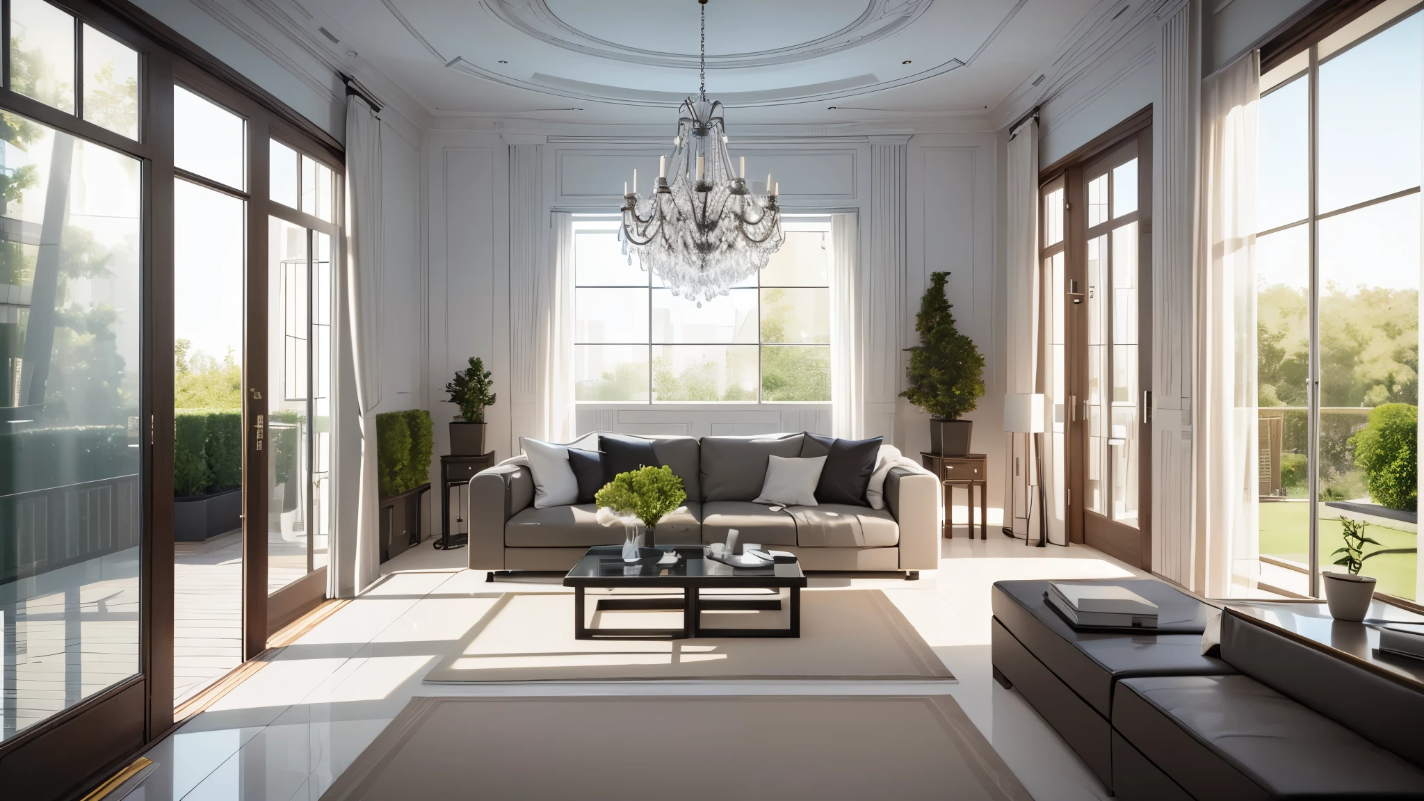 You are a famous interior designer、You have been asked to create a 3D image of a modern large room. Create a harmonious environment with modern and minimalist furniture. Including garden interior.