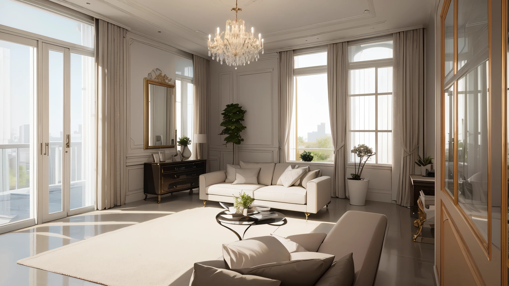 You are a famous interior designer、You have been asked to create a 3D image of a modern large room. Create a harmonious environment with modern and minimalist furniture. Including garden interior.