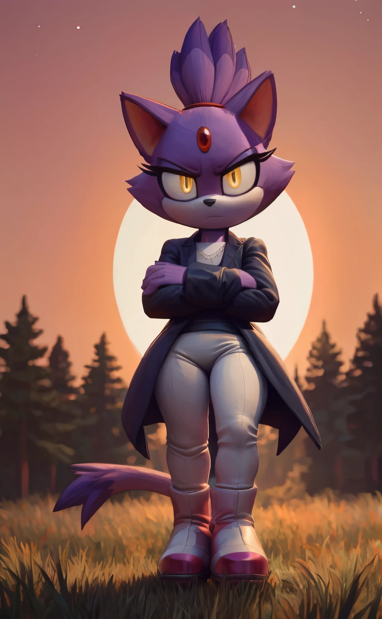 [Blaze the cat], [Uploaded to e621.net; (Pixelsketcher), (wamudraws)], ((masterpiece)), ((HD)), ((High res)), ((furry)), ((solo portrait)), ((front view)), ((lower-angle view)), ((full body)), ((feet visible)), ((detailed fur)), ((detailed shading)), ((cel shading)), ((beautiful render art)), ((intricate details)), {anthro, purple fur, black nose, cat ears, (cute yellow eyes), (glowing eyes), (red gem on forehead), long tail, (tied-up hair), (curvy hips), (beautiful legs), (intimidating expression)}, {(purple trench coat), (white v-neck shirt), (white yoga pants), (red-pink heel boots)}, {(standing), (crossed arms), (glaring at viewer)}, [background; (woods), (spruce trees), (grass plains), (street lights), (sunrise), (sun rays), (starry sky), (ambient lighting)]