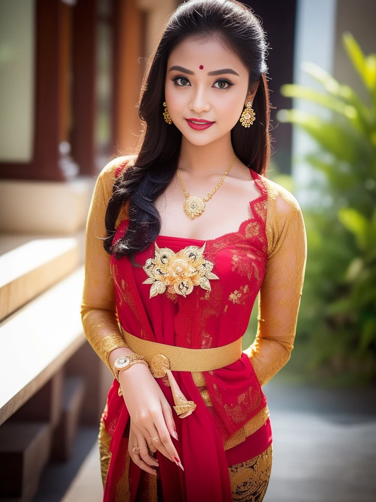 photography, woman,  portrait of woman wearing kebaya_bali in black long kebaya dress traditional, red lipstick, golden necklace, earrings, ornate, detail, flowers, blurry background, soft focus