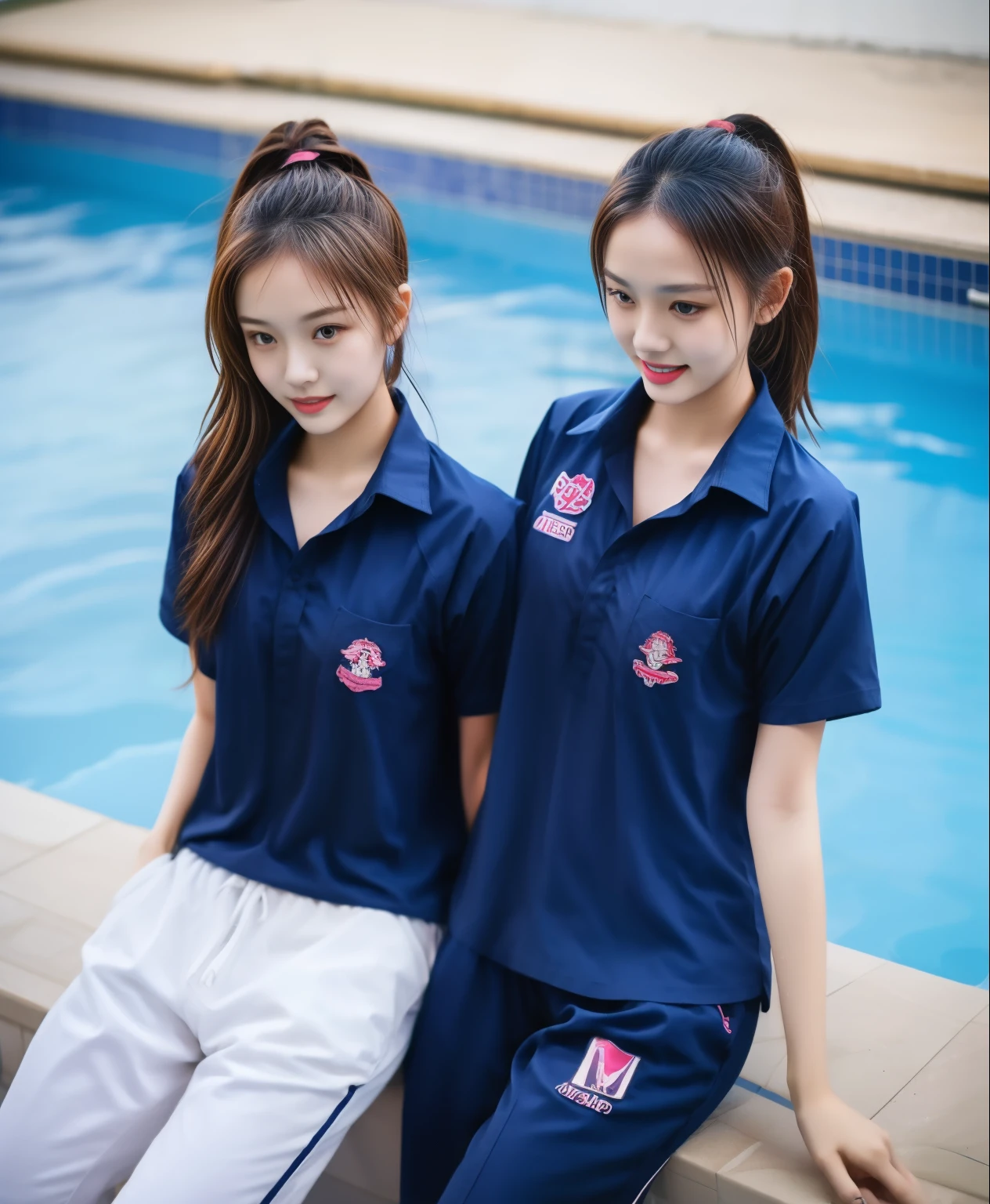 2 girls in the swimming pool, Navy blue short-sleeved shirt,Navy Long Trackpant,Sweatpants, Sweatpantsขายาว,25 year old girl, lesbian, sexy, exercise clothes, wet body