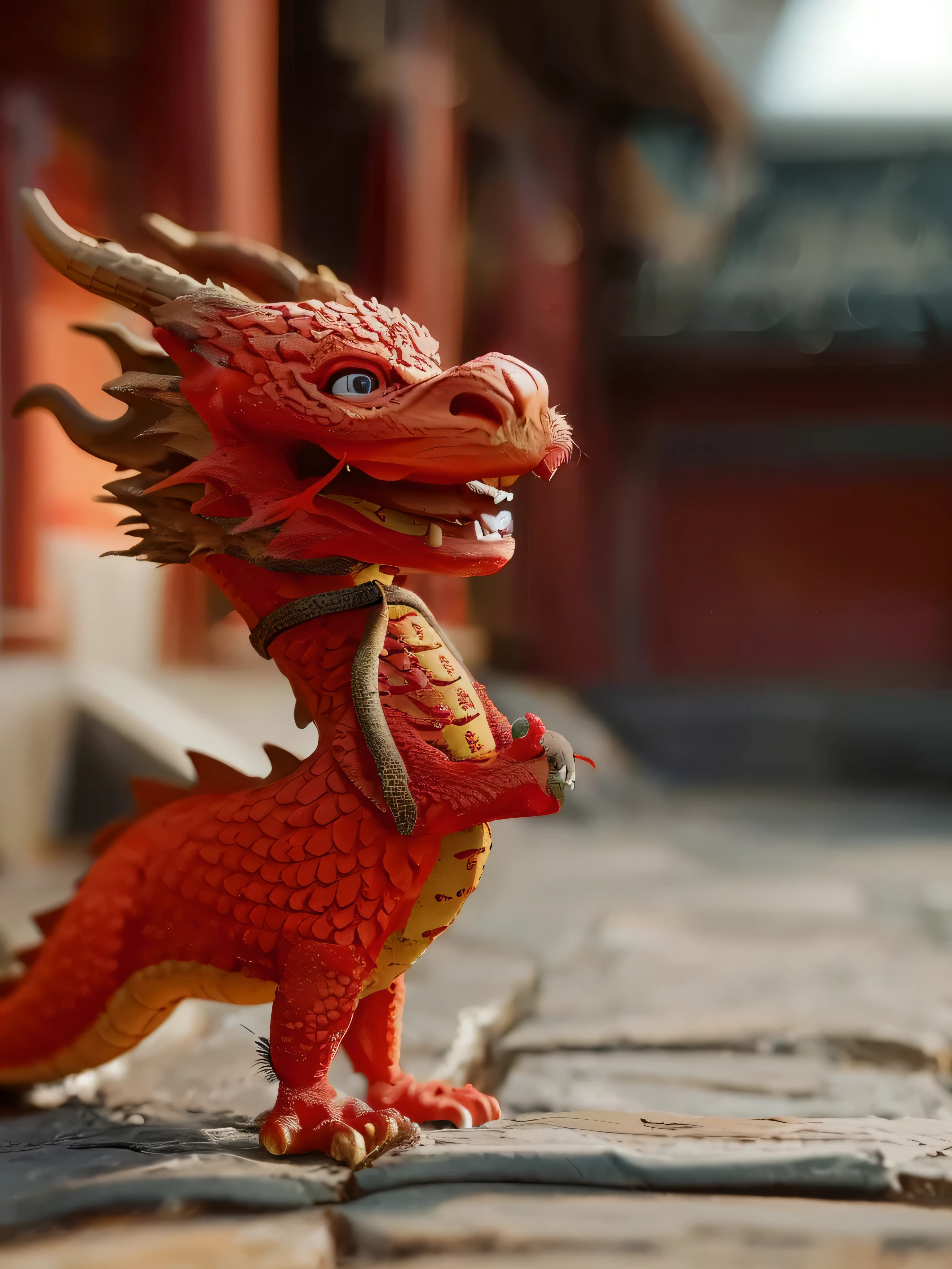 there is a red dragon statue on a stone walkway, smooth chinese dragon, chinese dragon, a red dragon, red dragon, a dragon, dragon in the background, stuffed dragon, cute little dragon, as an anthropomorphic dragon, stop motion character, 3d model of a japanese mascot, china silk 3d dragon, chinese dragon concept art, dra the dragon