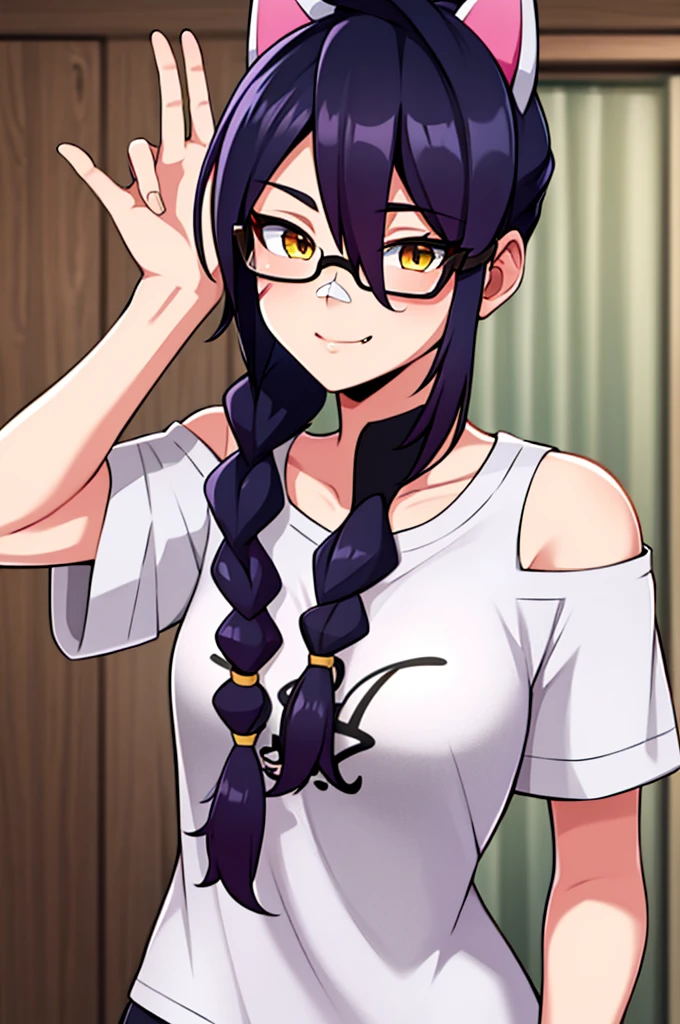 Erisa, 1girl, solo, long hair, looking at viewer, black hair, bandaid on face, yellow eyes, animal ears, smile, bandaid on nose, braid, cat ears, bandaid, bangs, breasts, fake animal ears, simple background, fang, , bare shoulders, scar, teeth, shirt, tight shirt, bare shoulders, white shirt, short sleeves, closed mouth, t-shirt, hair over one eye, portrait, hair over shoulder, shorts, skin tight shirt, glasses, seductive, realistic, best quality, masterpiece, ultra detail, ultra high res, extreme detail, 8k