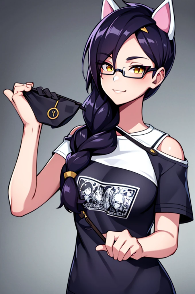 Erisa, 1girl, solo, long hair, looking at viewer, black hair, bandaid on face, yellow eyes, animal ears, smile, bandaid on nose, braid, cat ears, bandaid, bangs, breasts, fake animal ears, simple background, fang, , bare shoulders, scar, teeth, shirt, tight shirt, bare shoulders, white shirt, short sleeves, closed mouth, t-shirt, hair over one eye, portrait, hair over shoulder, shorts, skin tight shirt, glasses, seductive, realistic, best quality, masterpiece, ultra detail, ultra high res, extreme detail, 8k