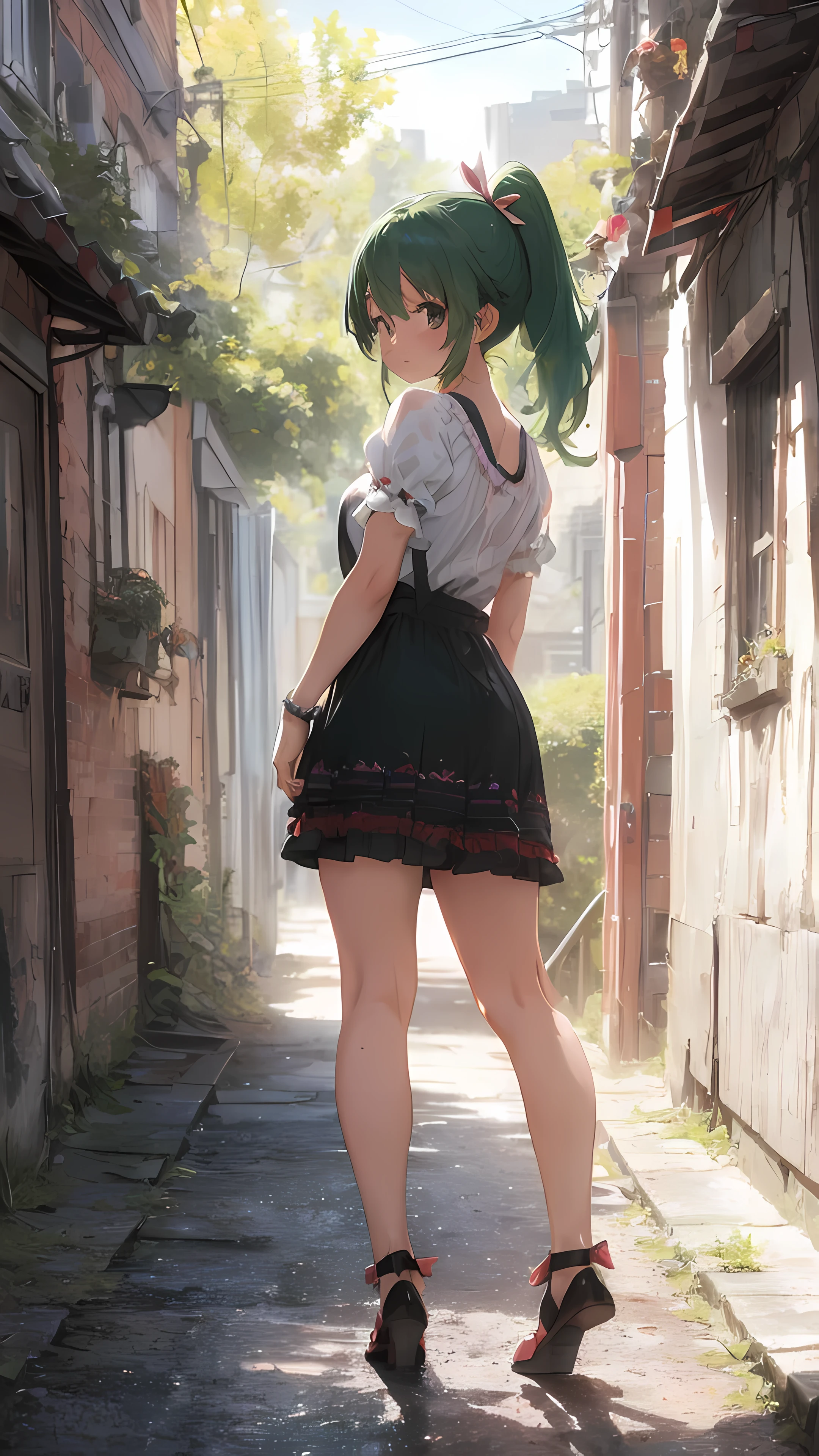 (((On the slope of the cityscape、(back view)、turn around、one girl、(Pretty buttocks、No panties、Pink dressから浮き出るヒップライン)、(Pink dressを着たかわいい女の子、(Pink dress)、、shyness)))、smooth translucent white skin、 ((best quality, muste piece, High resolution:1.2), Super detailed, (Reality:1.37), vividness and color, ticker, studio lighting, Tits sharp focus,Physically based rendering、8K image wallpaper)、(very delicate and beautiful)、(masterpiece)、(highest quality:1.0)、(超High resolution:1.0)、(Precise human body structure)、(complete limbs)、(腕は2Book)、(脚は2Book)、(full finger)、(The fingers are5Book)、(slender beauty)、(Not muscular)、(((((Expressive Ace Perfect、girls dragon ball bloomers、 ribbon lay hair ponytail、green hair、Not Moriman)))、excitement、(blush:1.3)、peaceful scenery、serene landscape、beautiful scenery、stunning landscape、Perfect View