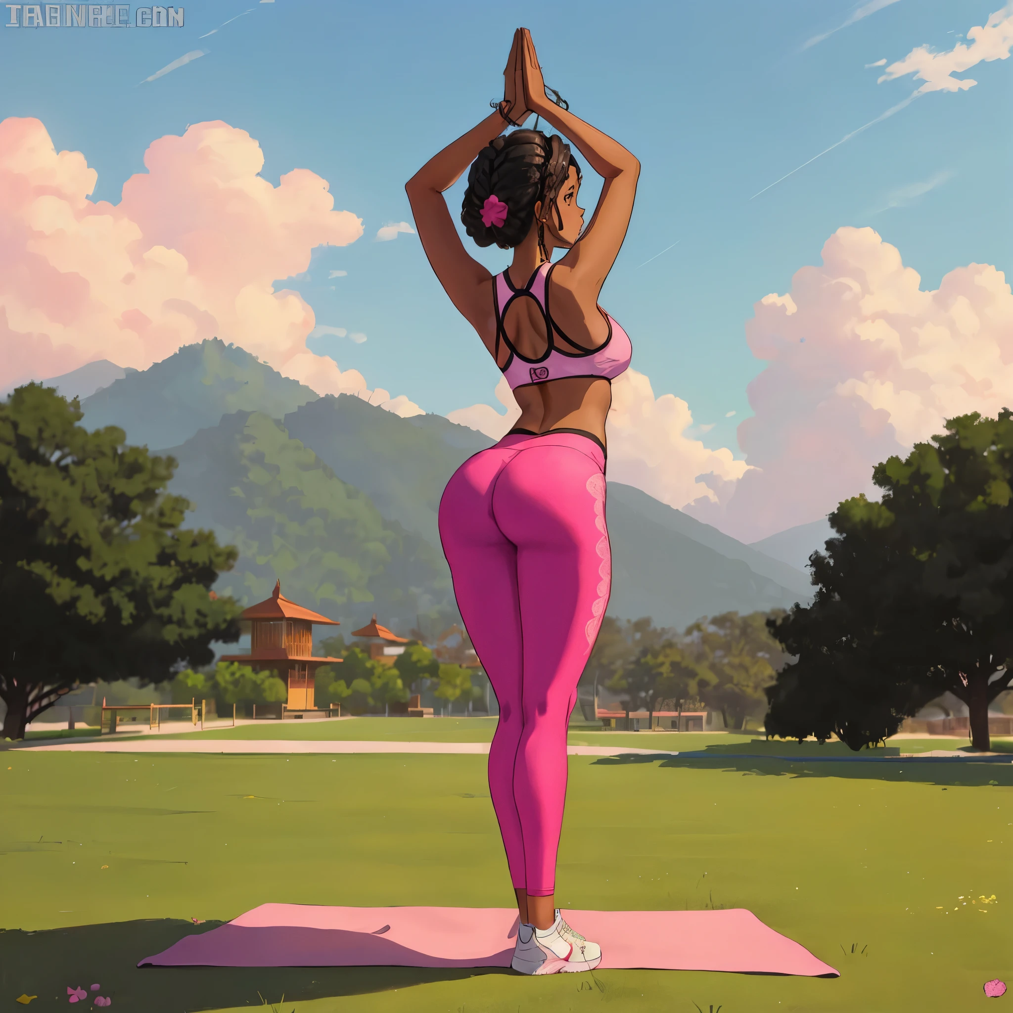 brown skin woman standing on a yoga mat, big butt, back view, hands above head in prayer position, pink aesthetic, nature park background, 2 hands in prayer position, normal hands (((2 hands only))
