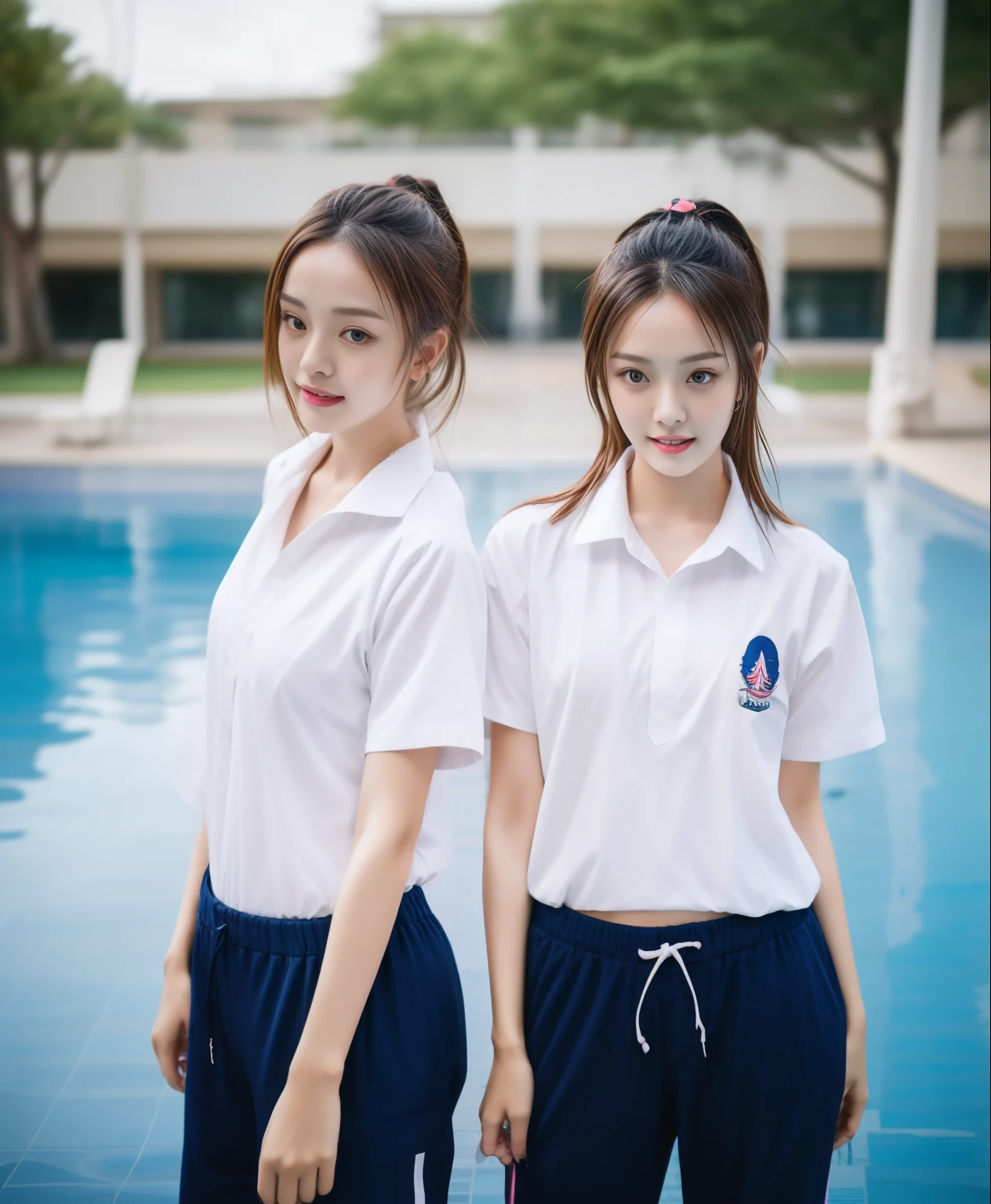 2 girls in the swimming pool, Navy blue short-sleeved shirt,Navy Long Trackpant,Sweatpants, Sweatpantsขายาว,25 year old girl, lesbian, sexy, exercise clothes, wet body